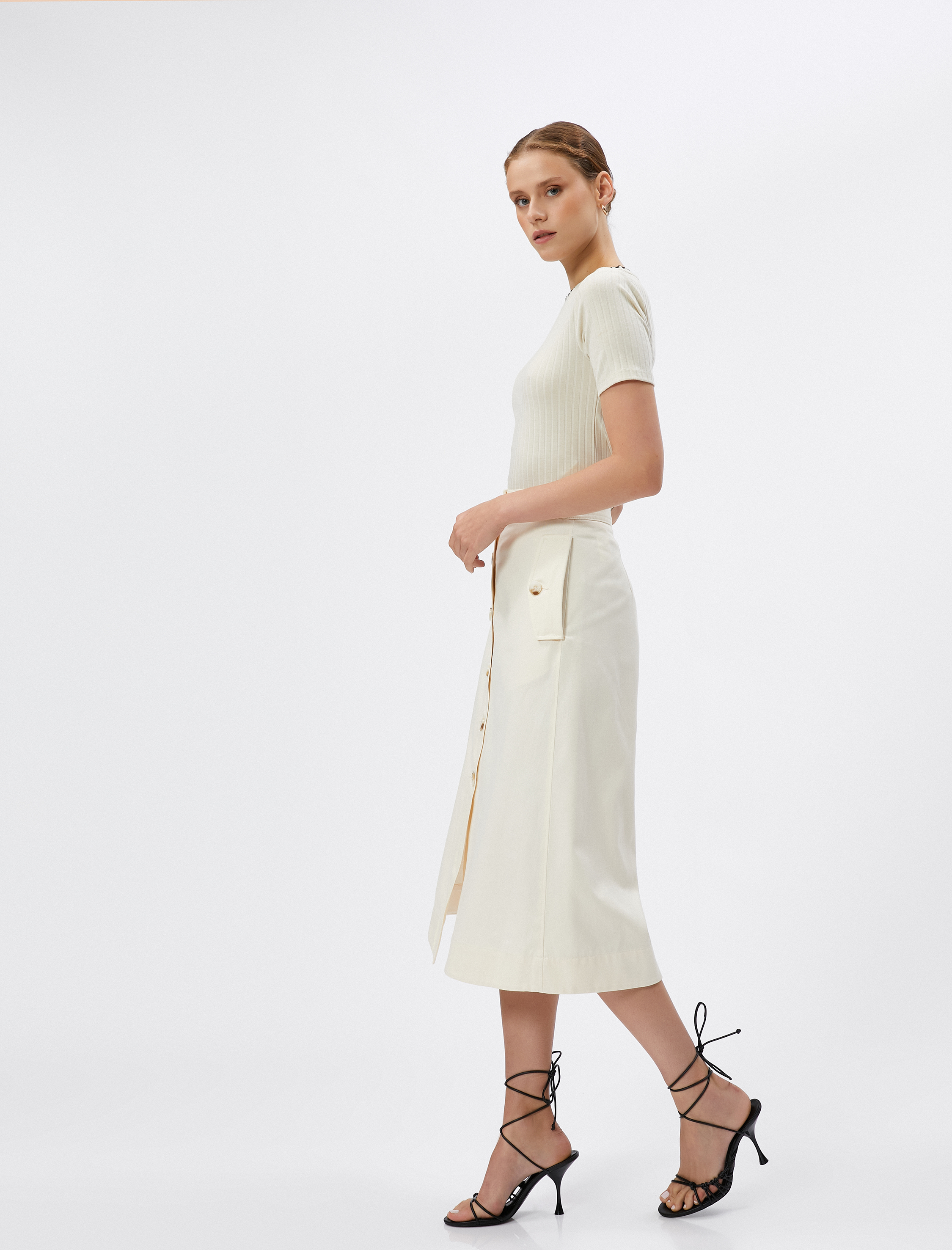   Midi Etek Cep Detaylı Düğmeli Yırtmaçlı Pamuklu