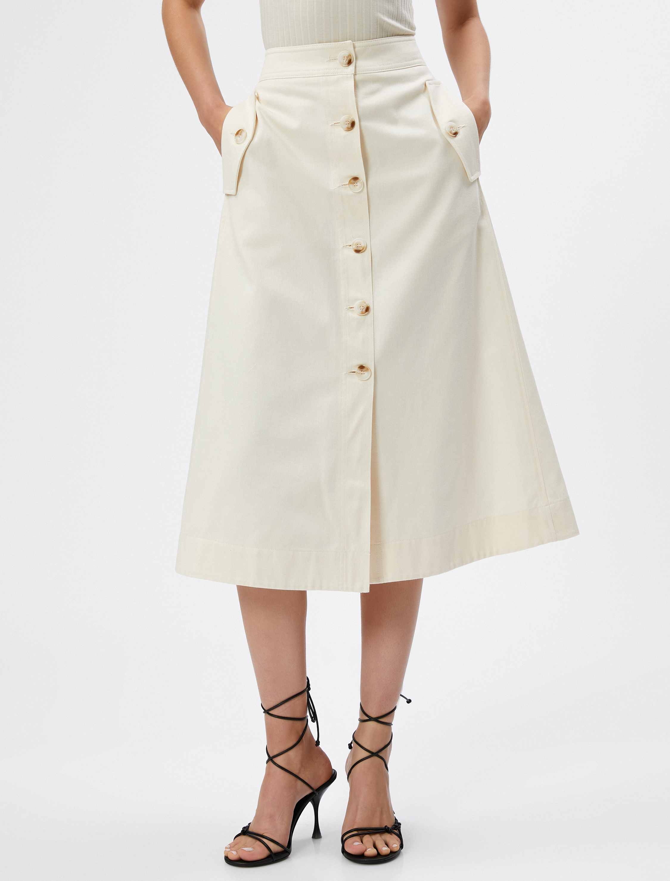   Midi Etek Cep Detaylı Düğmeli Yırtmaçlı Pamuklu