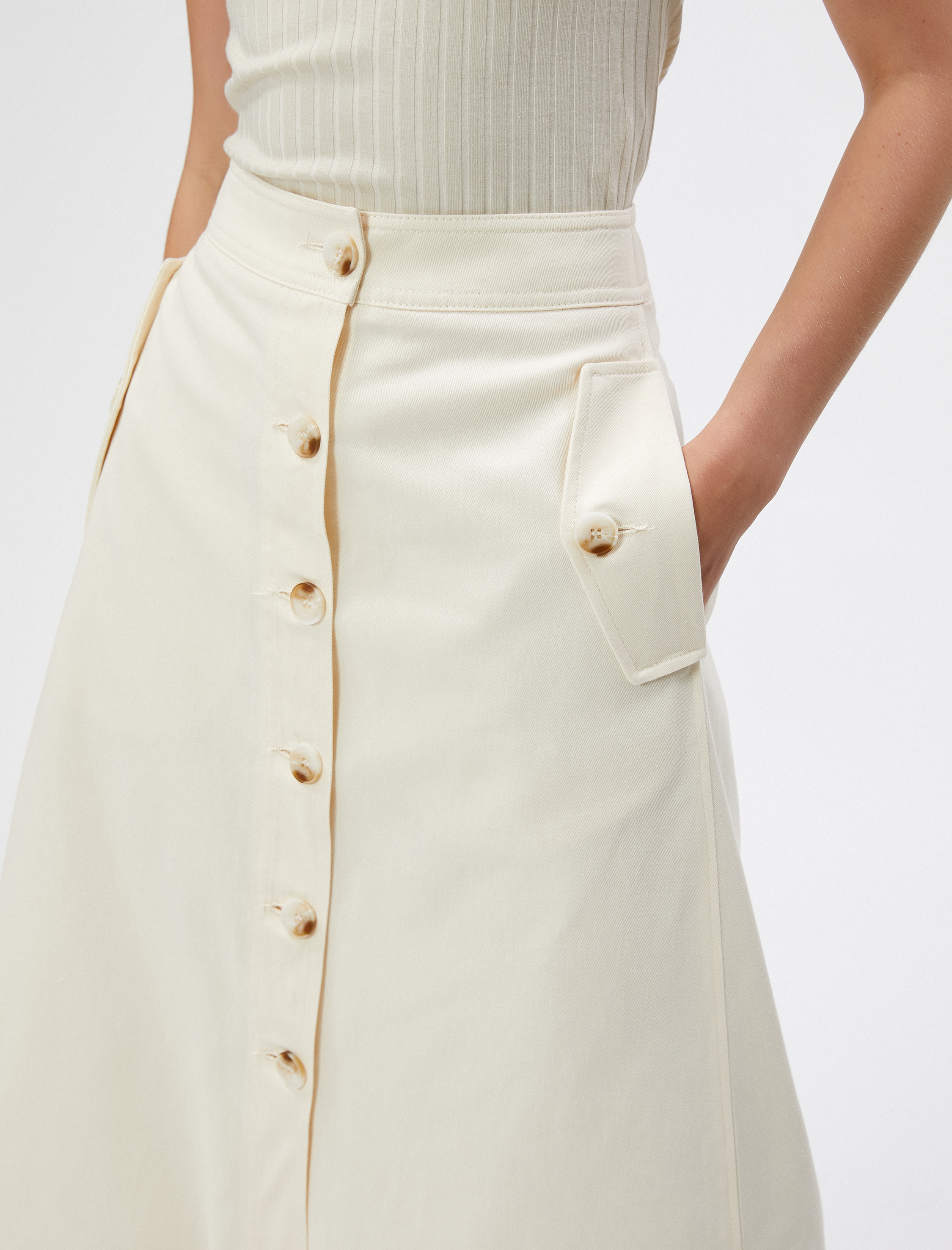   Midi Etek Cep Detaylı Düğmeli Yırtmaçlı Pamuklu