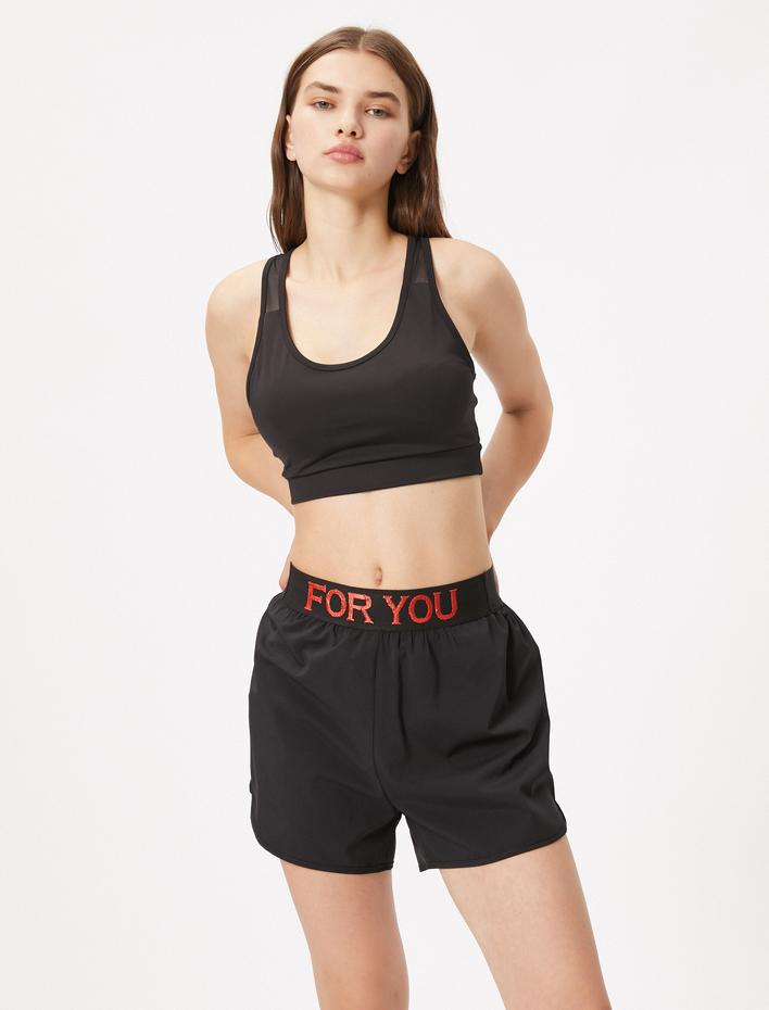  Spor Taytlı Şort Slogan İşlemeli