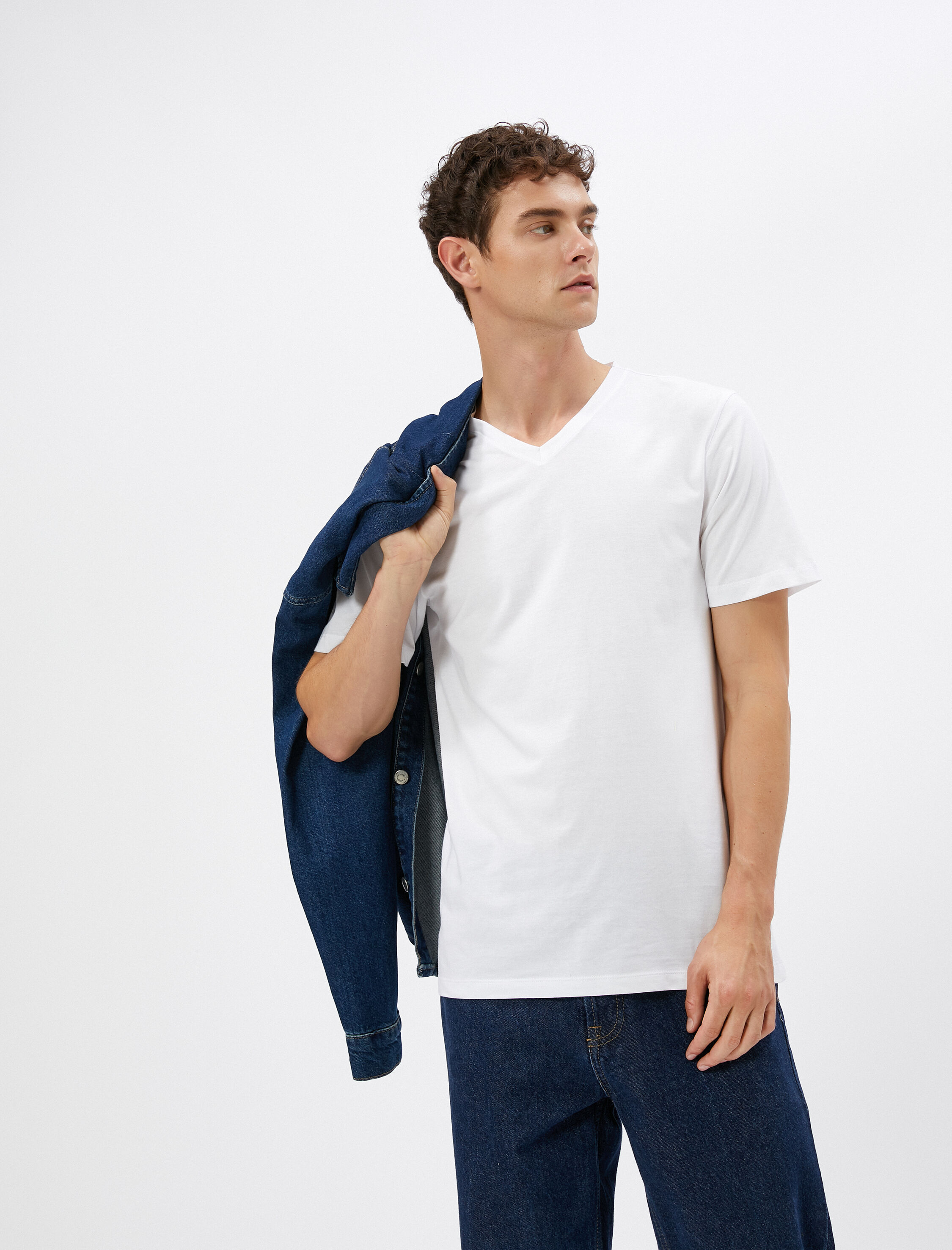   V Yaka Tişört Basic Kısa Kollu Pamuklu