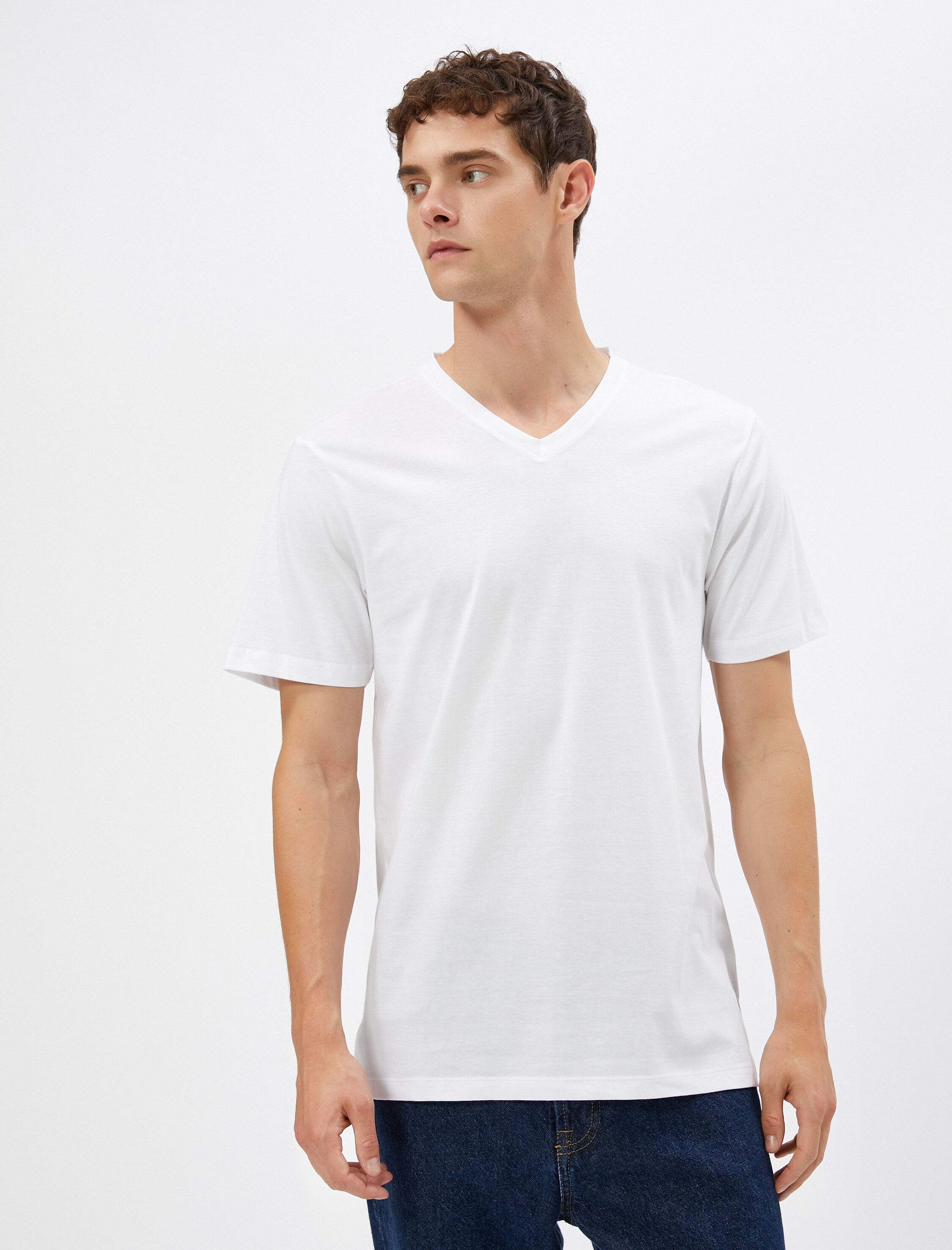   V Yaka Tişört Basic Kısa Kollu Pamuklu
