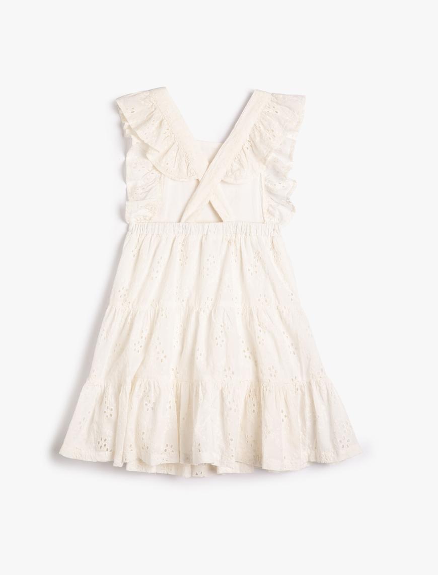  Kız Çocuk Fırfırlı Elbise Çiçekli Brodeli Arkası Çapraz Askılı Pamuklu