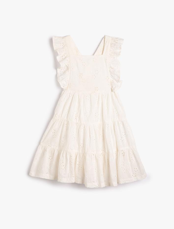 Kız Çocuk Fırfırlı Elbise Çiçekli Brodeli Arkası Çapraz Askılı Pamuklu