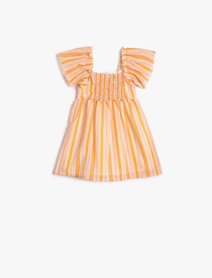 Kız Bebek Elbise Fırfırlı Kısa Çan Kollu Pamuklu Astarlı Çiçek İşleme Detaylı