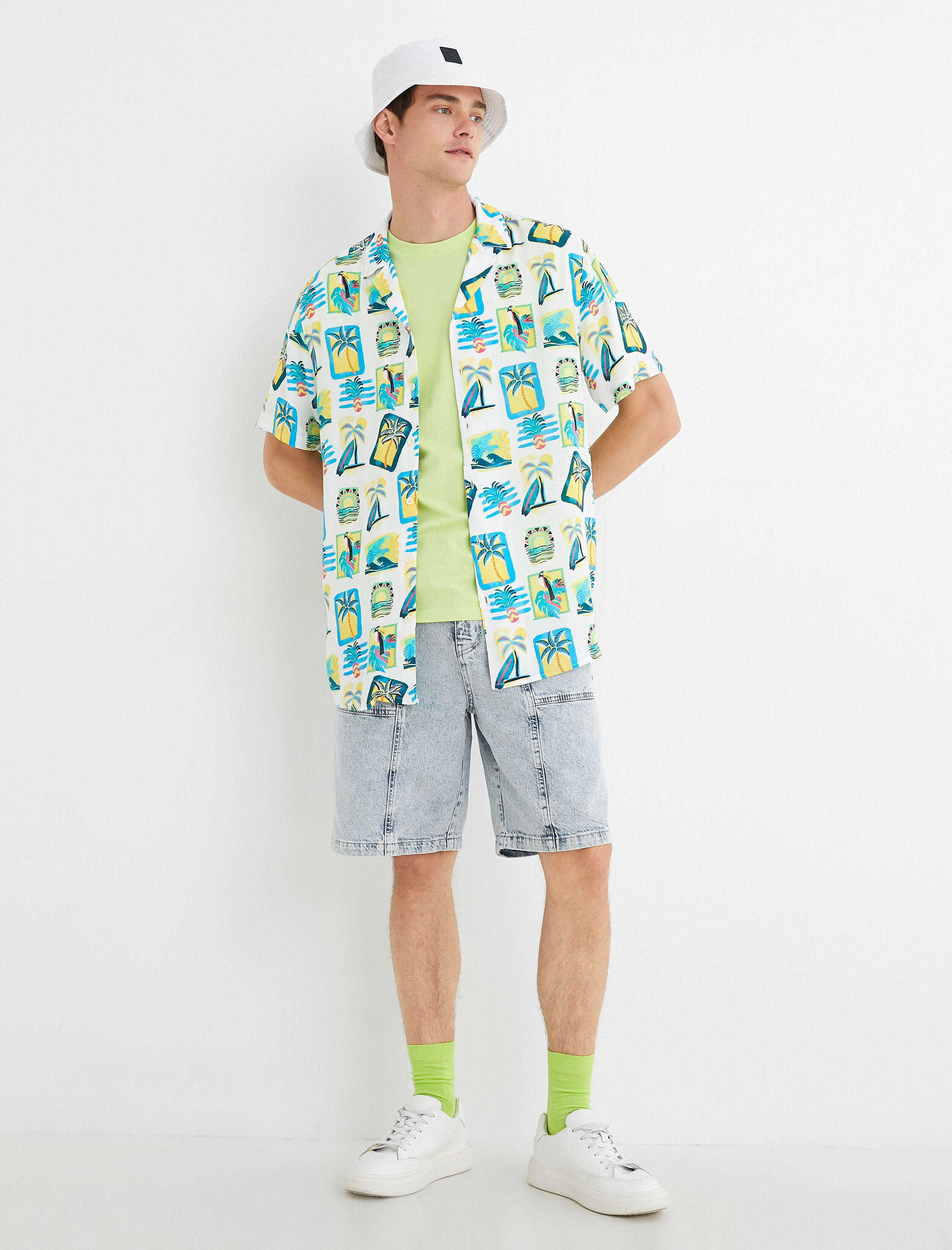   Kot Şort Bermuda Cepli Düğmeli Dikiş Detaylı Pamuklu