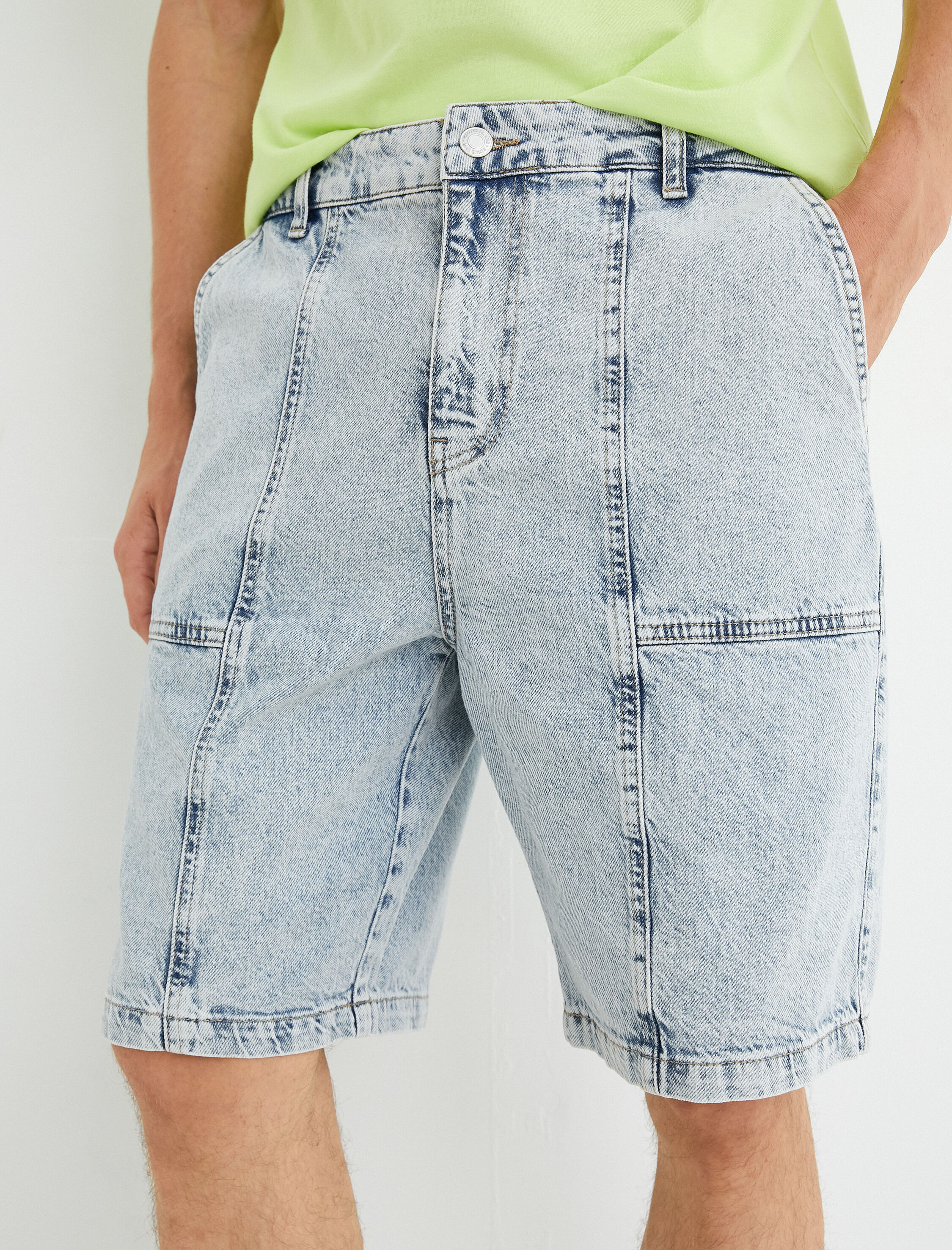   Kot Şort Bermuda Cepli Düğmeli Dikiş Detaylı Pamuklu