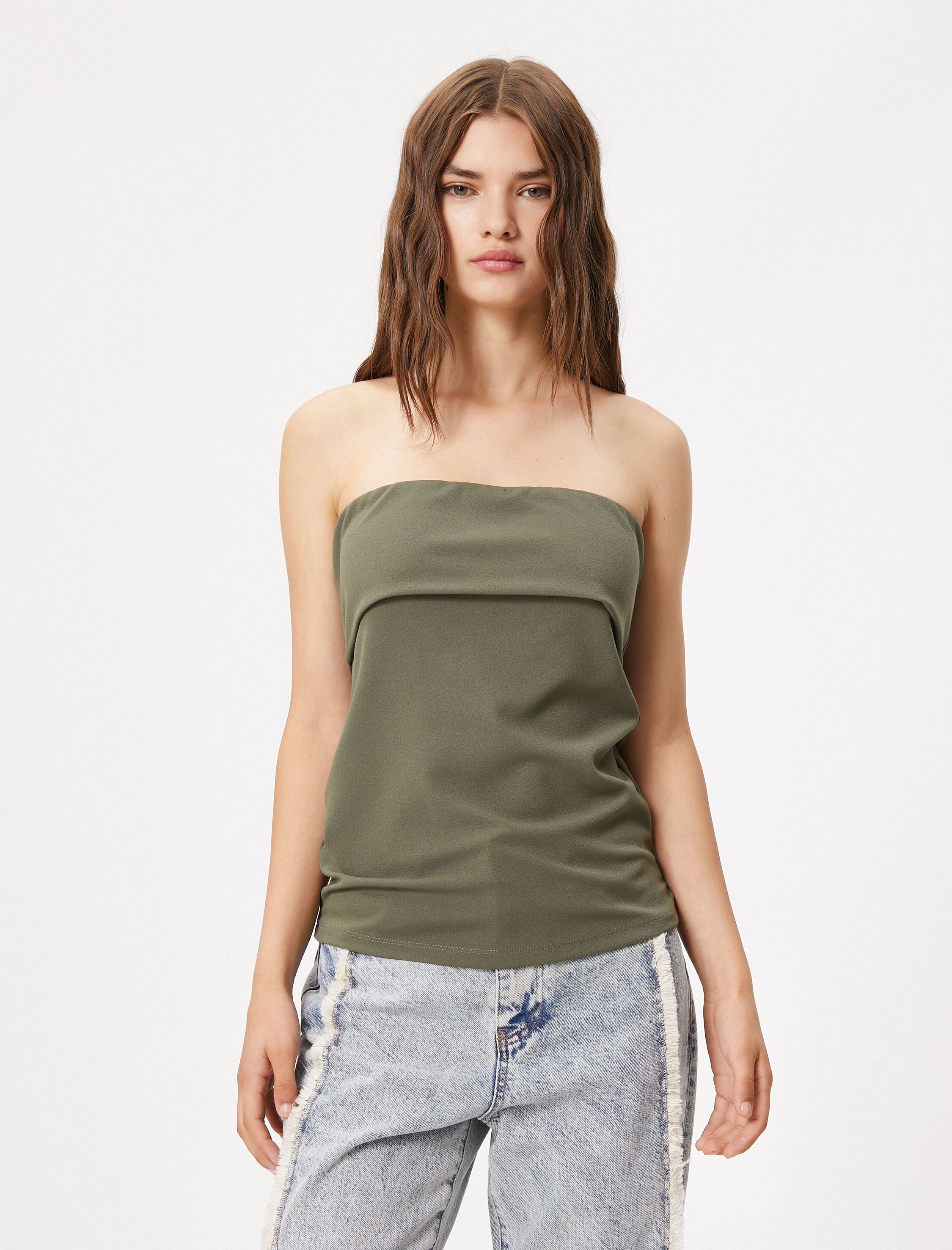   Straplez Üst Katlama Detaylı Dar Kesim