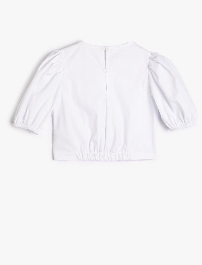 Kız Çocuk Crop Bluz Asimetrik Kesim Arkası Düğmeli Kısa Balon Kollu Pamuklu