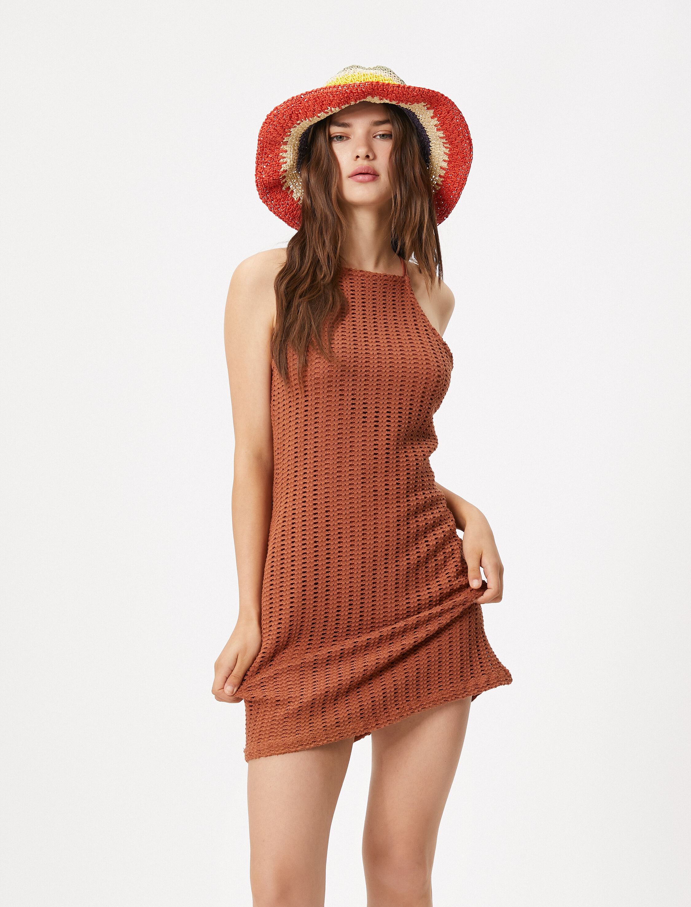   Mini Triko Elbise Bodycon Kolsuz Halter Yaka Dar Kesim