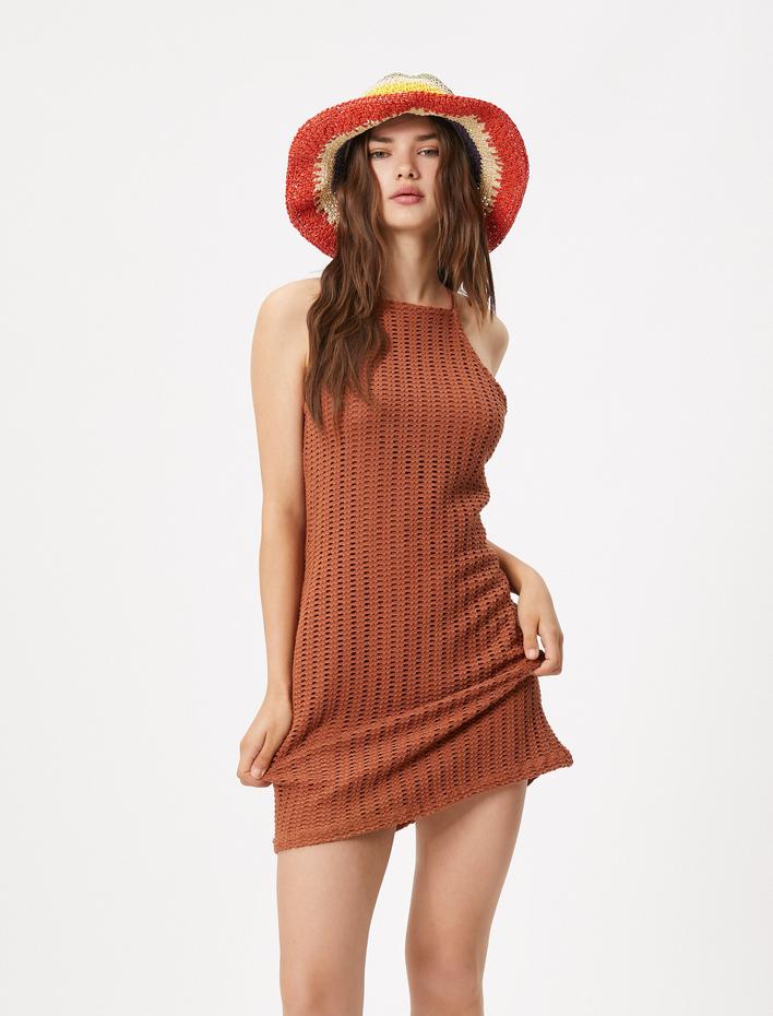  Mini Triko Elbise Bodycon Kolsuz Halter Yaka Dar Kesim