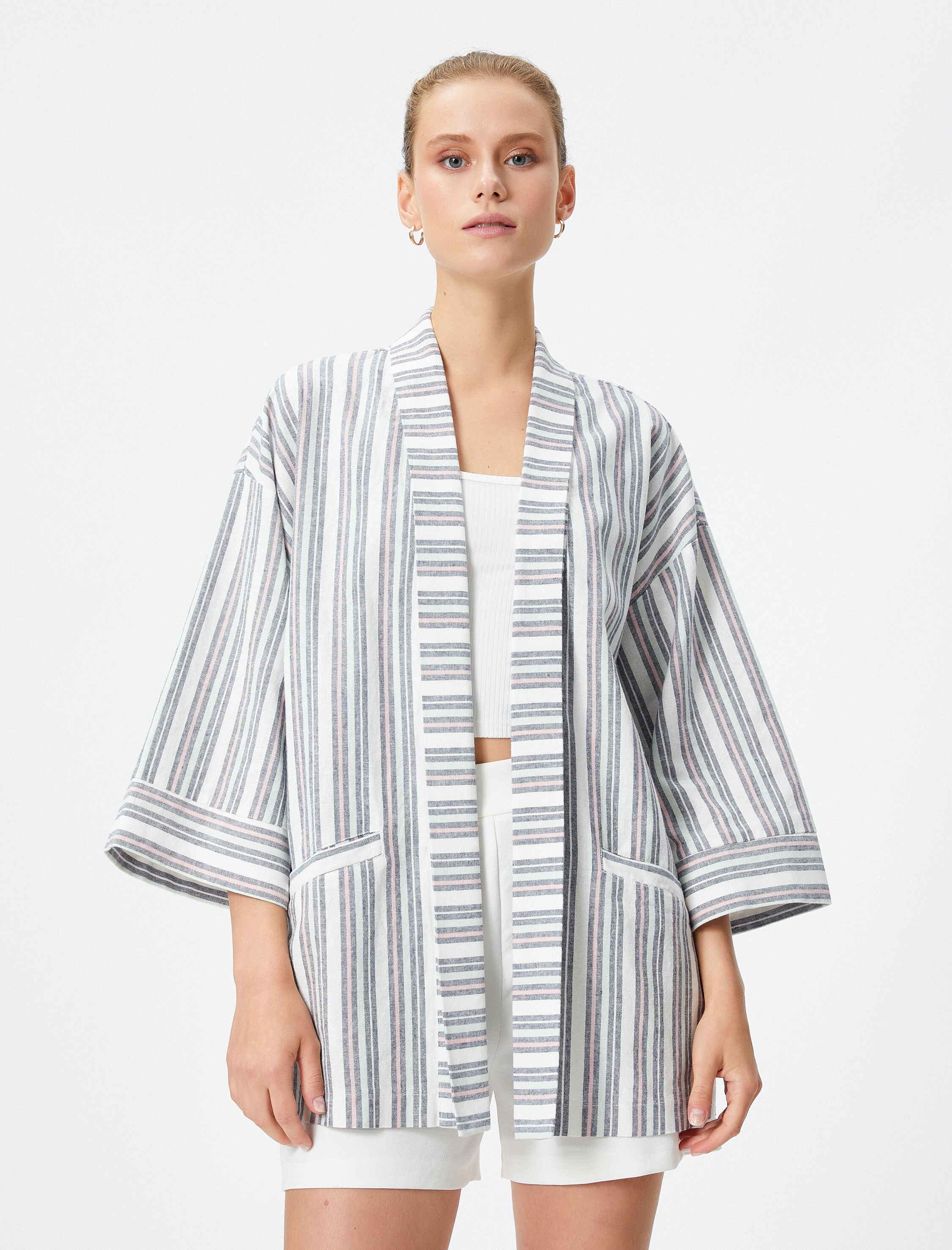 Keten Karışımlı Kimono Cep Detaylı Yarım Kollu