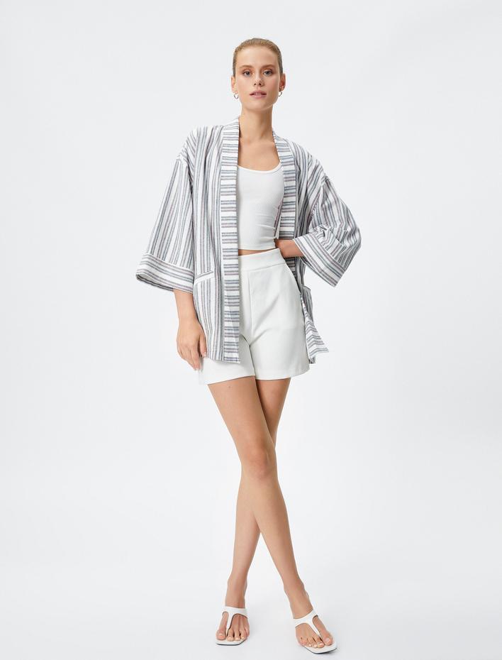  Keten Karışımlı Kimono Cep Detaylı Yarım Kollu