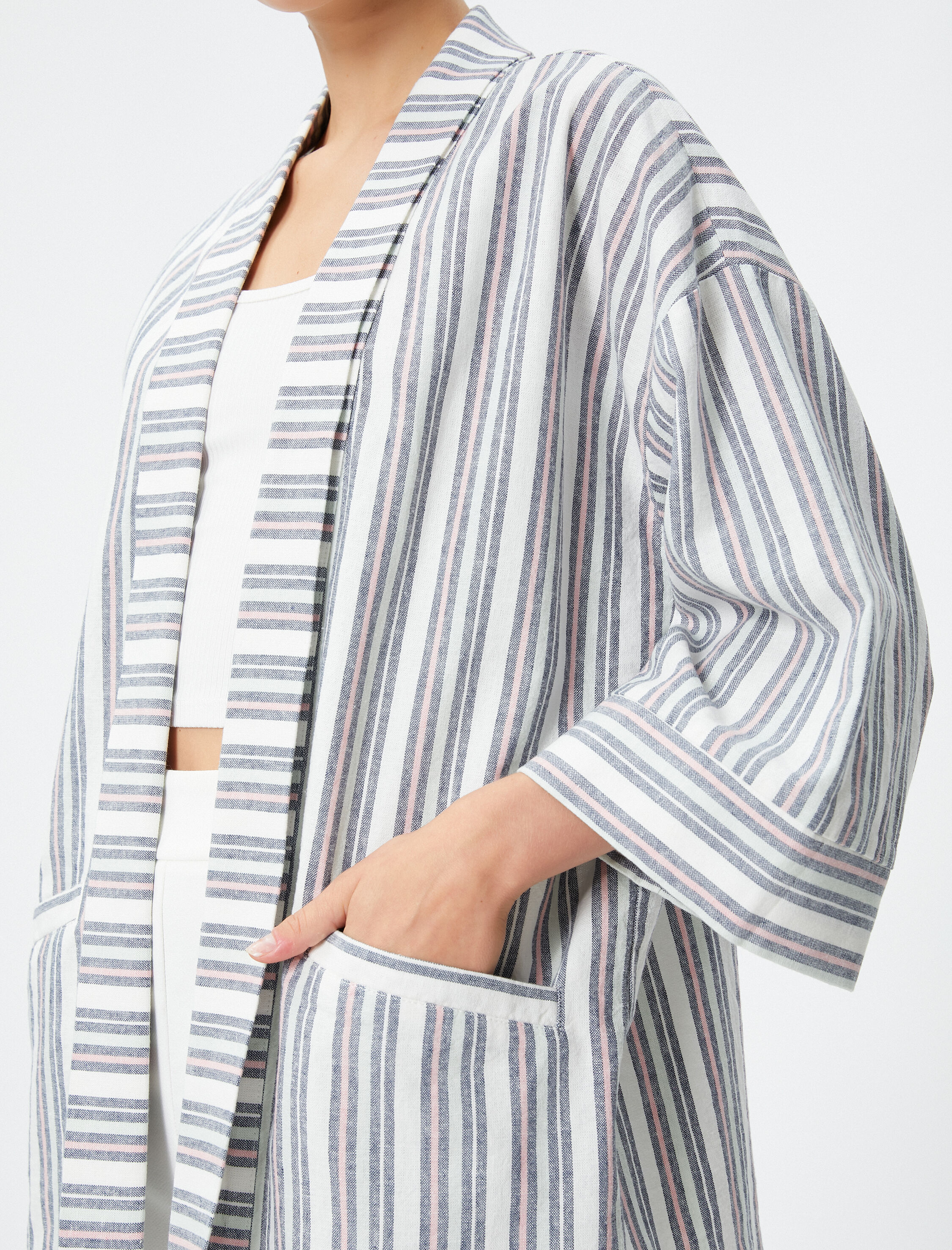 Keten Karışımlı Kimono Cep Detaylı Yarım Kollu