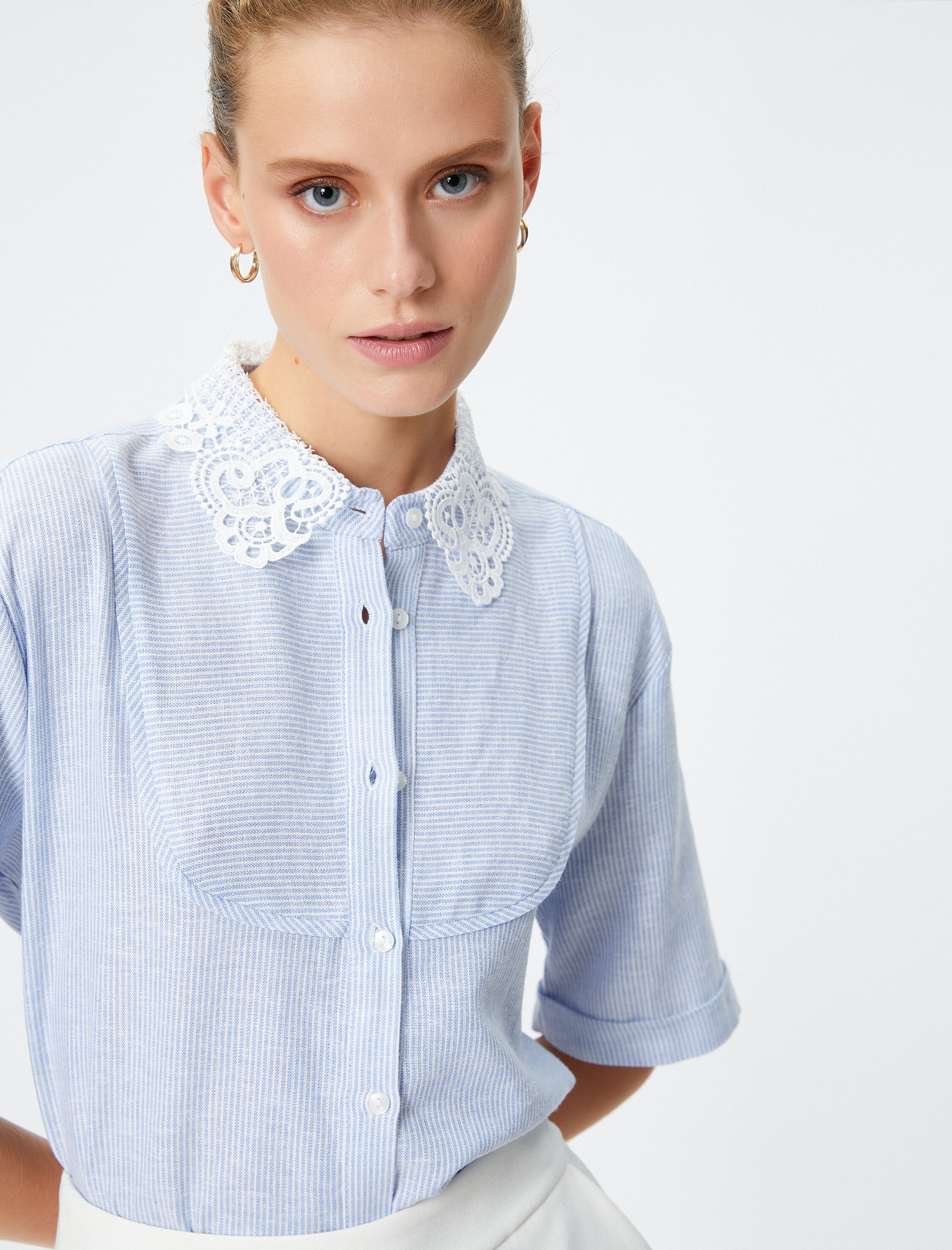   Dantel Yaka Gömlek Kısa Kollu Düğmeli Keten Viskon Karışımlı