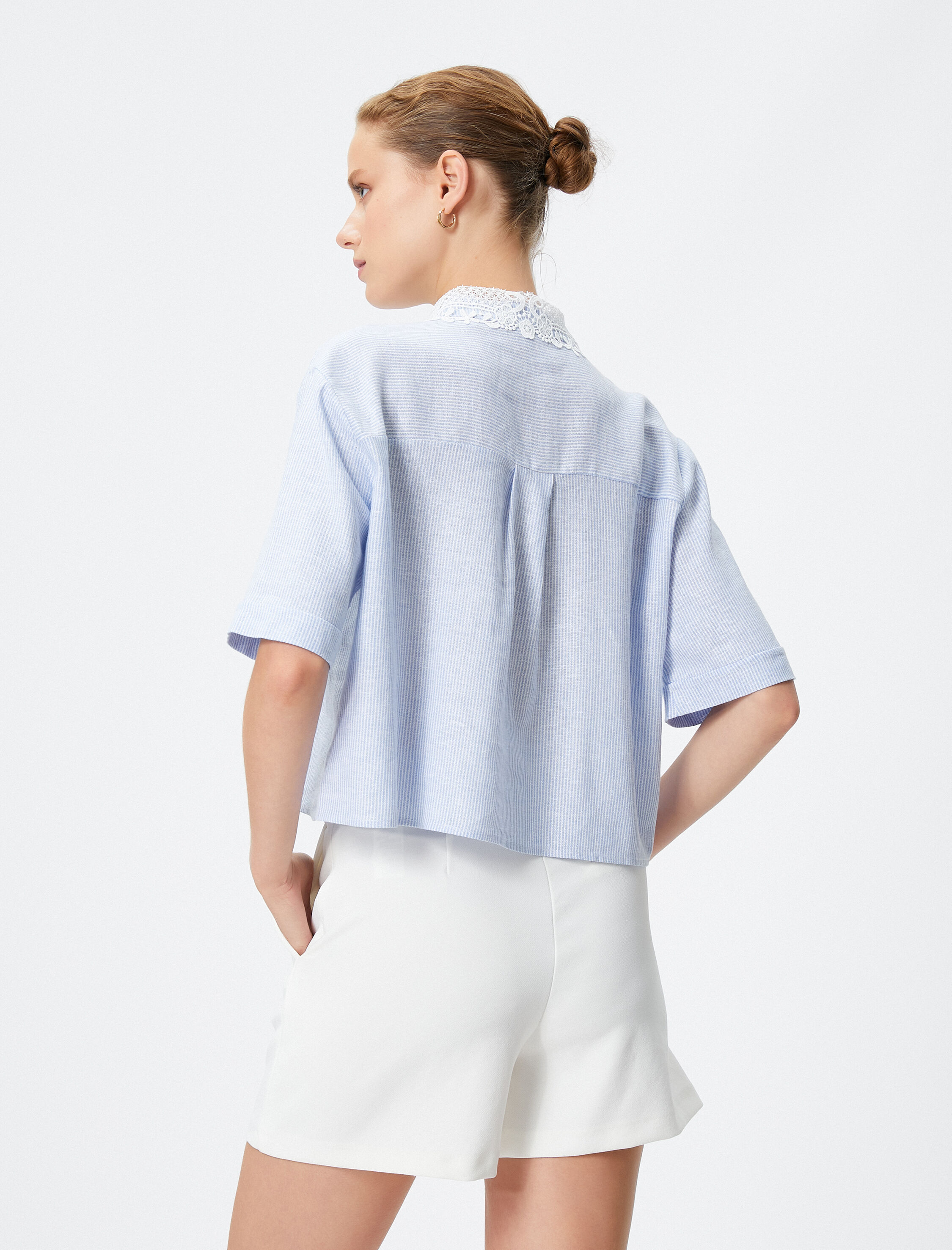   Dantel Yaka Gömlek Kısa Kollu Düğmeli Keten Viskon Karışımlı