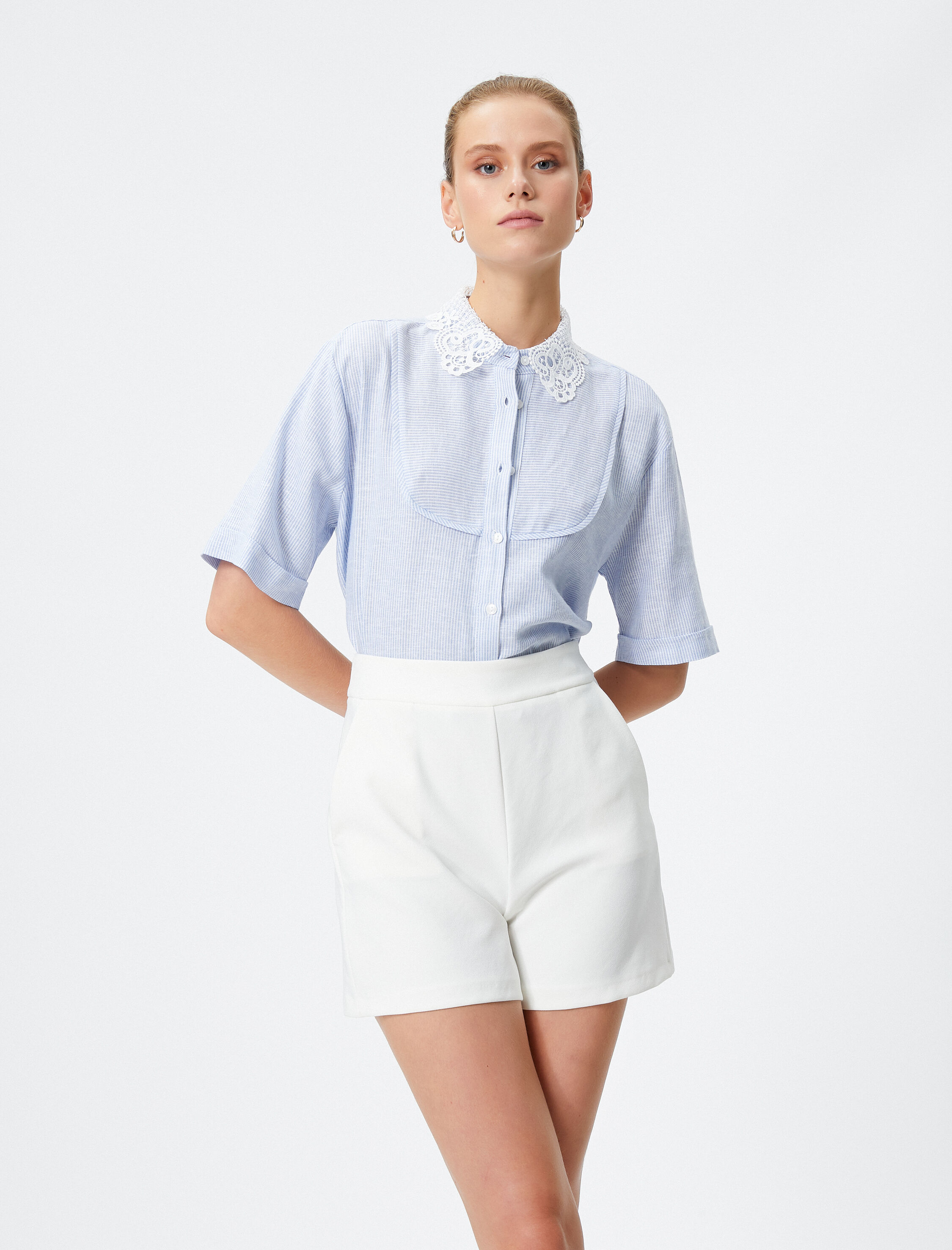   Dantel Yaka Gömlek Kısa Kollu Düğmeli Keten Viskon Karışımlı