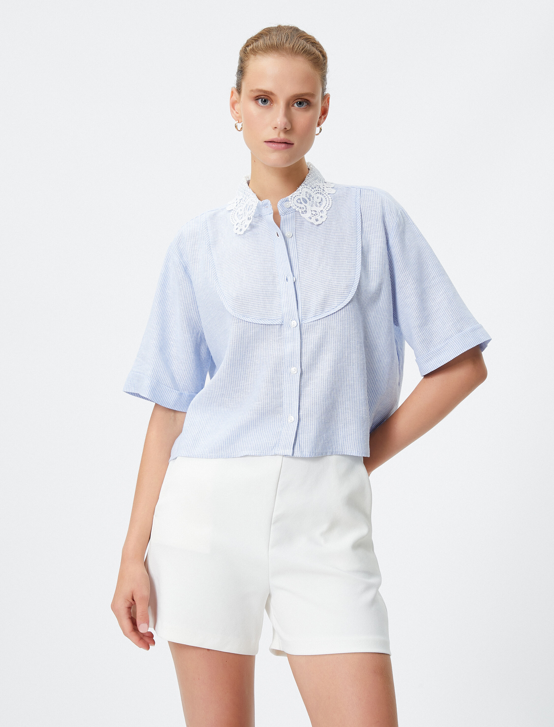   Dantel Yaka Gömlek Kısa Kollu Düğmeli Keten Viskon Karışımlı