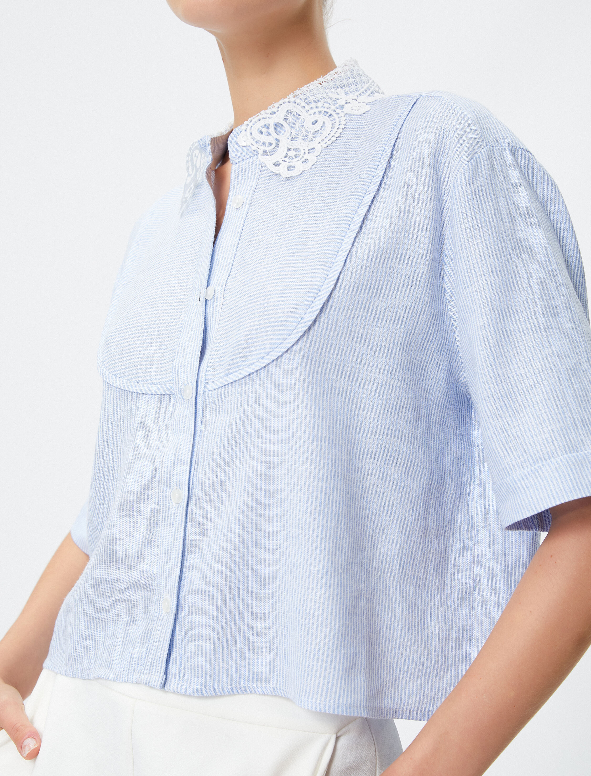   Dantel Yaka Gömlek Kısa Kollu Düğmeli Keten Viskon Karışımlı