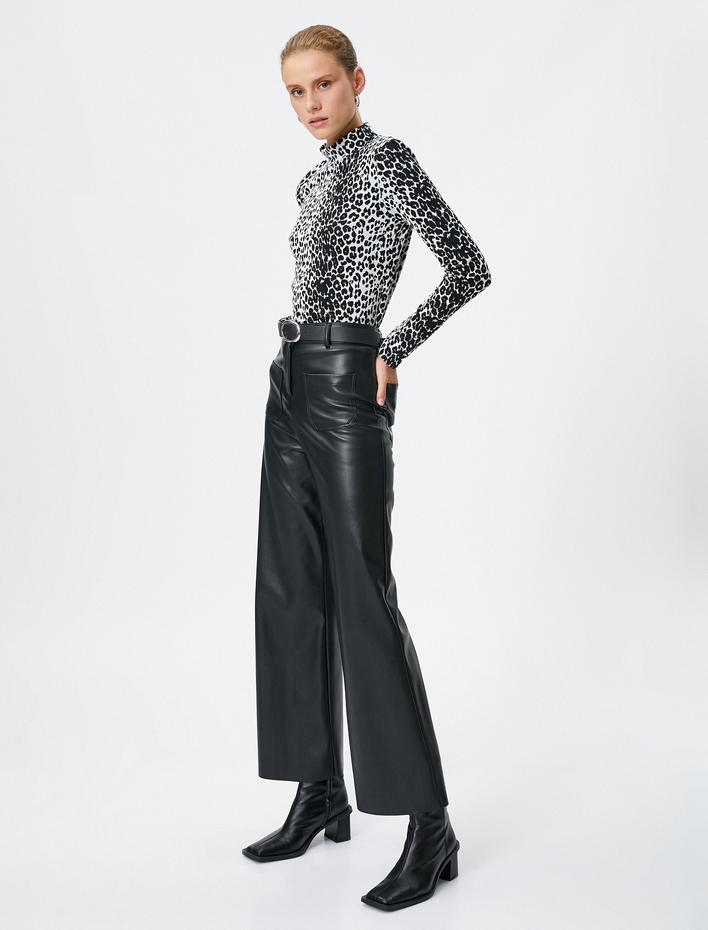  Uzun Kollu Tişört Yarım Balıkçı Yaka Leopar Desenli