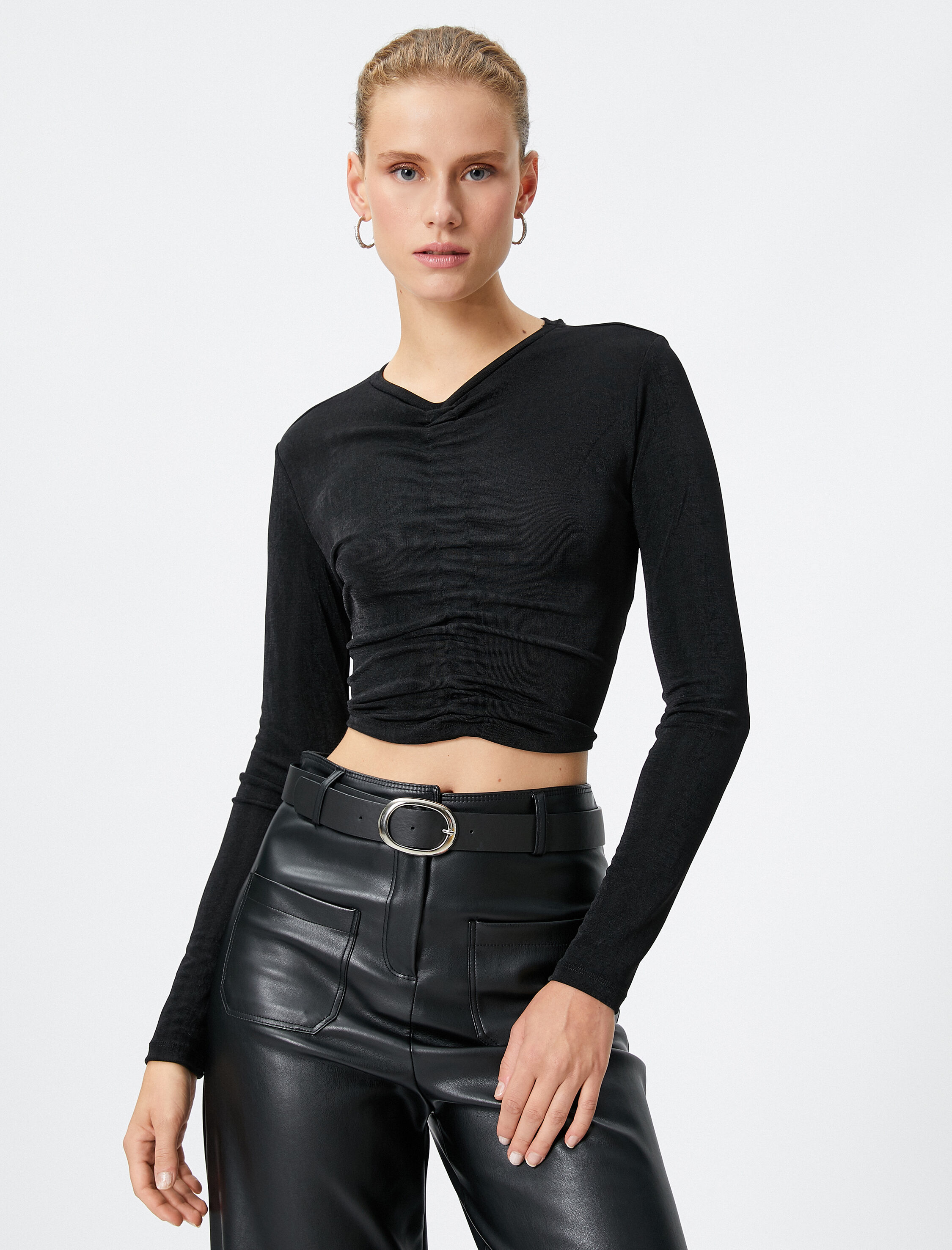   Uzun Kollu Tişört Crop Önden Büzgülü