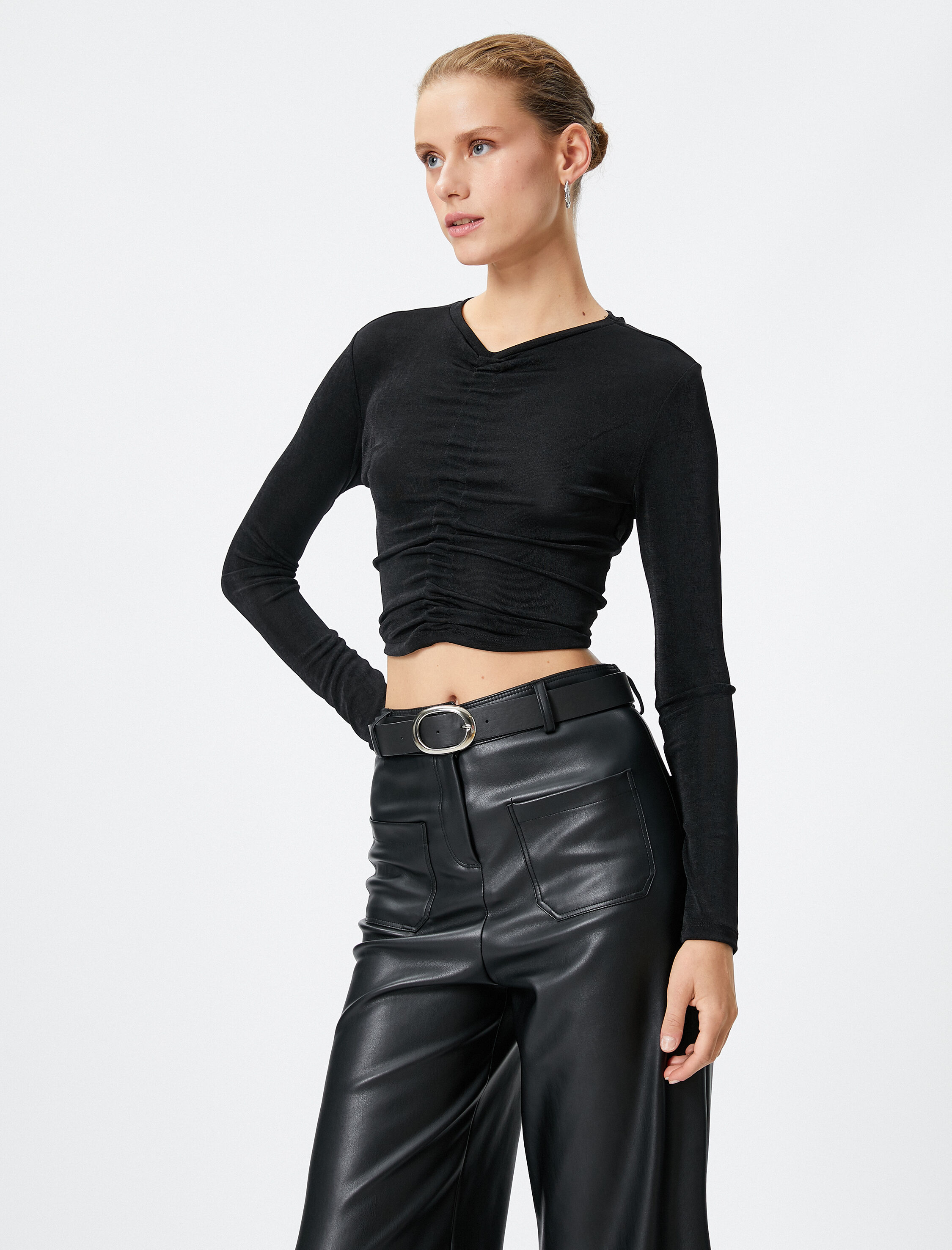   Uzun Kollu Tişört Crop Önden Büzgülü