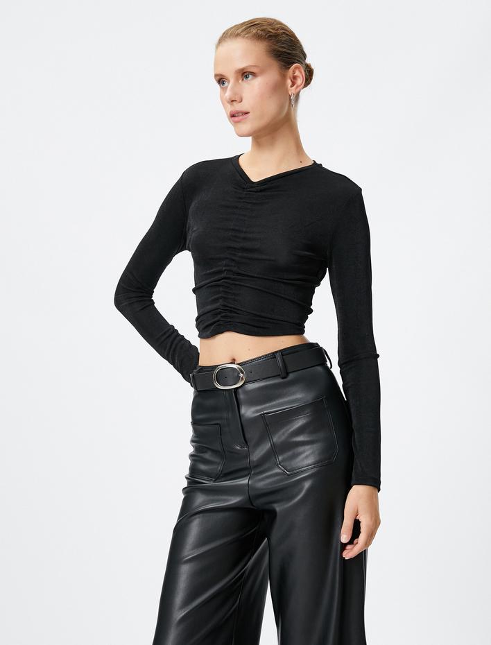  Uzun Kollu Tişört Crop Önden Büzgülü