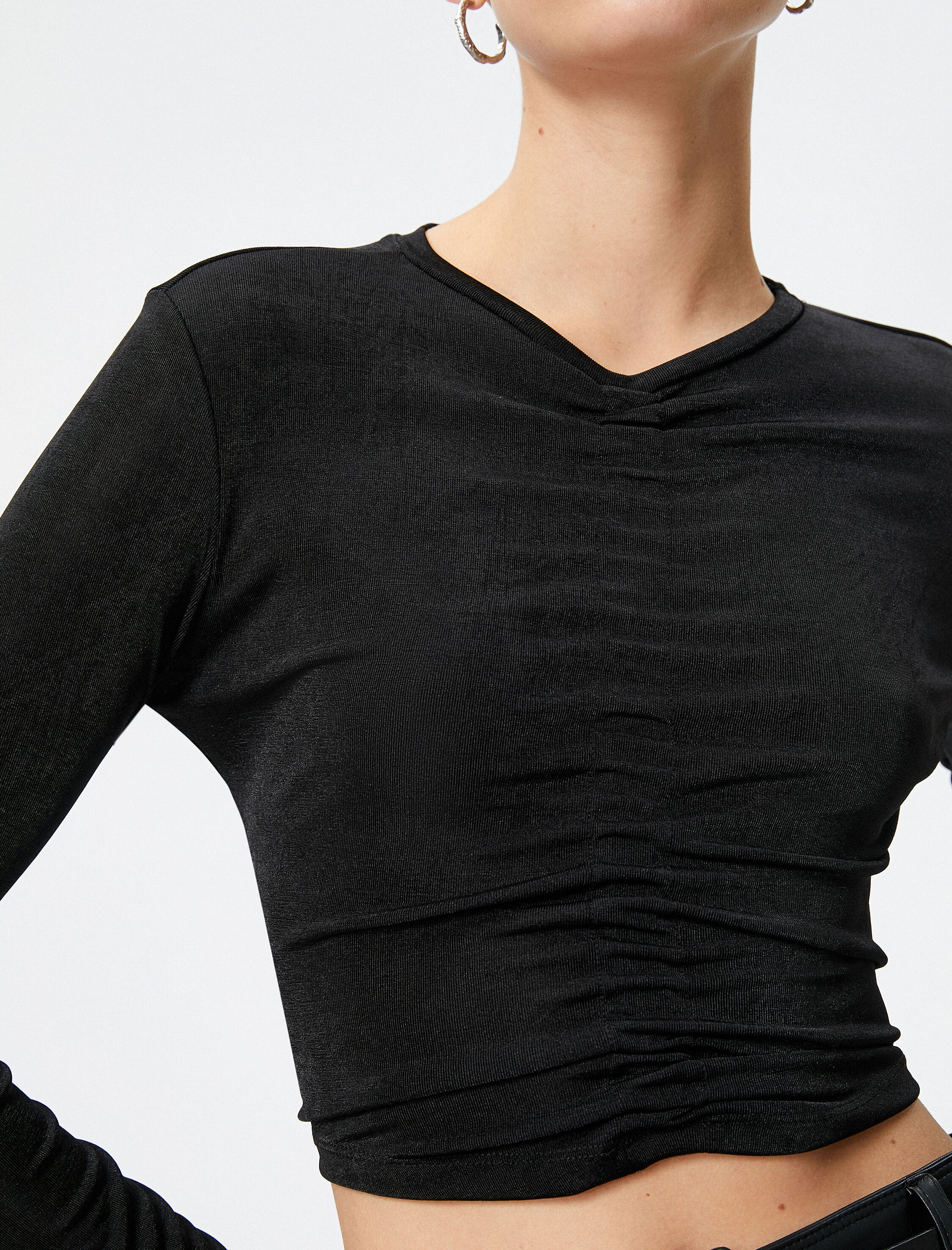   Uzun Kollu Tişört Crop Önden Büzgülü