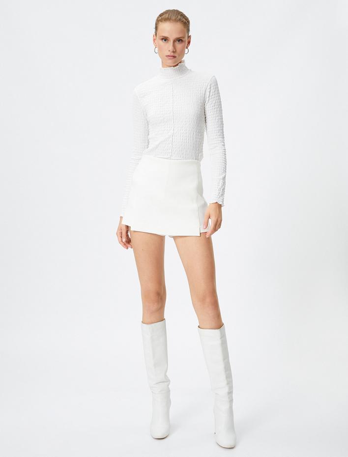  Uzun Kollu Tişört Balıkçı Yaka Dokulu Dikiş Detaylı