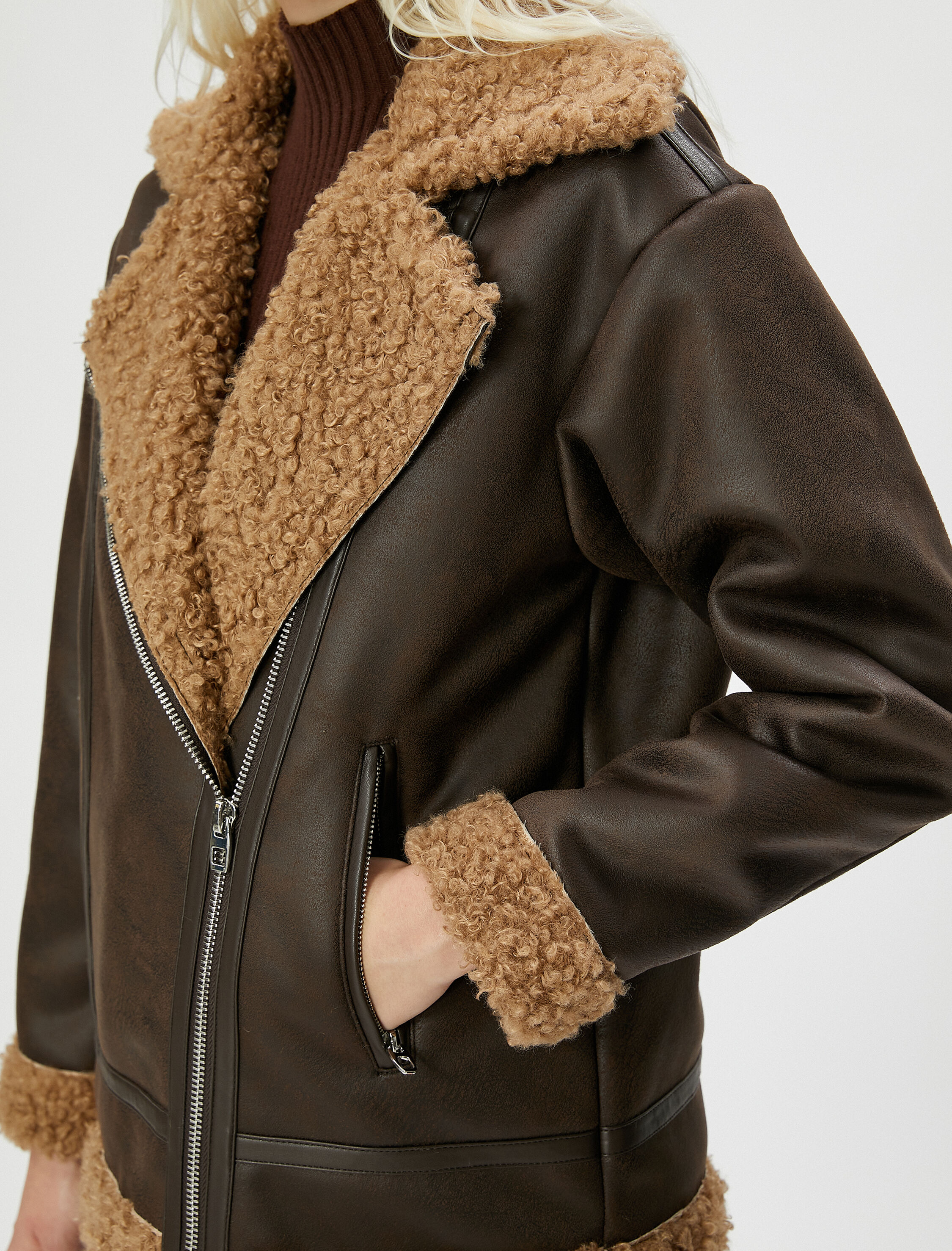Biker Ceket Suni Deri Peluş Detaylı Fermuarlı Cepli