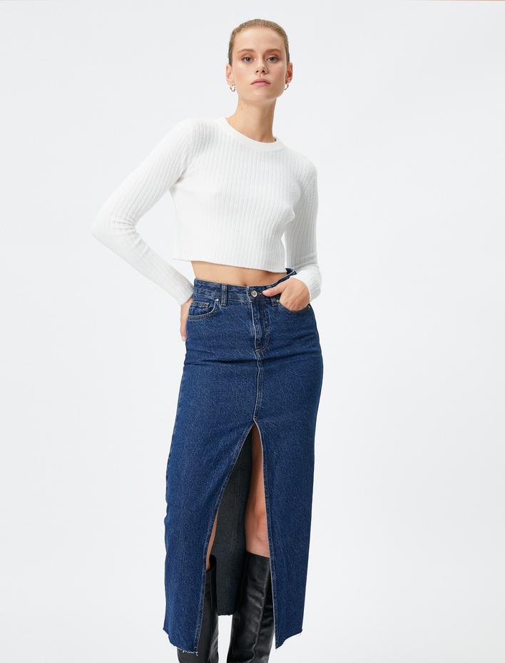  Midi Kot Etek Yırtmaçlı Yüksek Bel Düğmeli Pamuklu