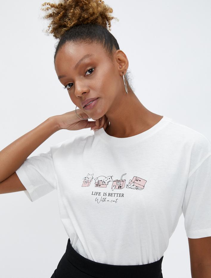  Baskılı Tişört Bisiklet Yaka Kısa Kollu Pamuklu