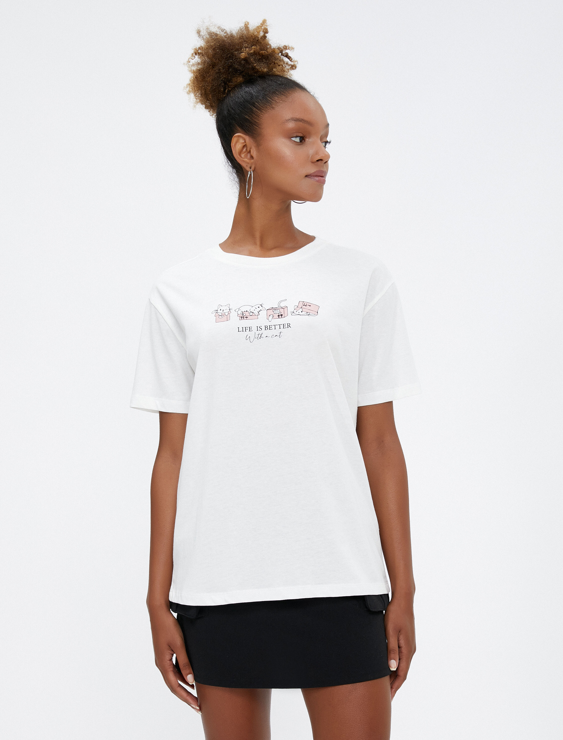   Baskılı Tişört Bisiklet Yaka Kısa Kollu Pamuklu