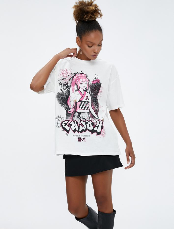  Anime Tişört Baskılı Rahat Kesim Bisiklet Yaka Kısa Kollu