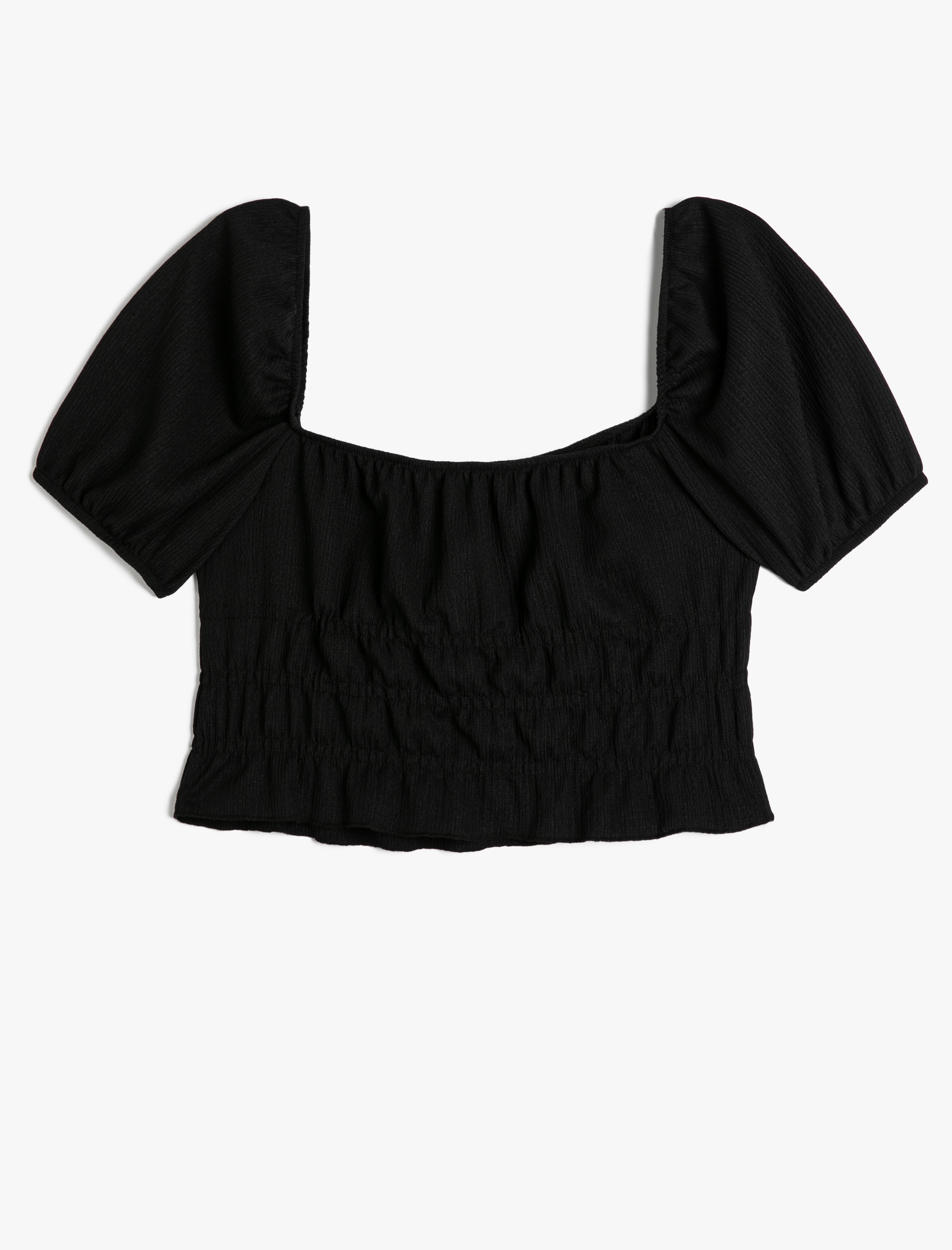   Balon Kollu Tişört Kare Yaka Fırfırlı Dokulu