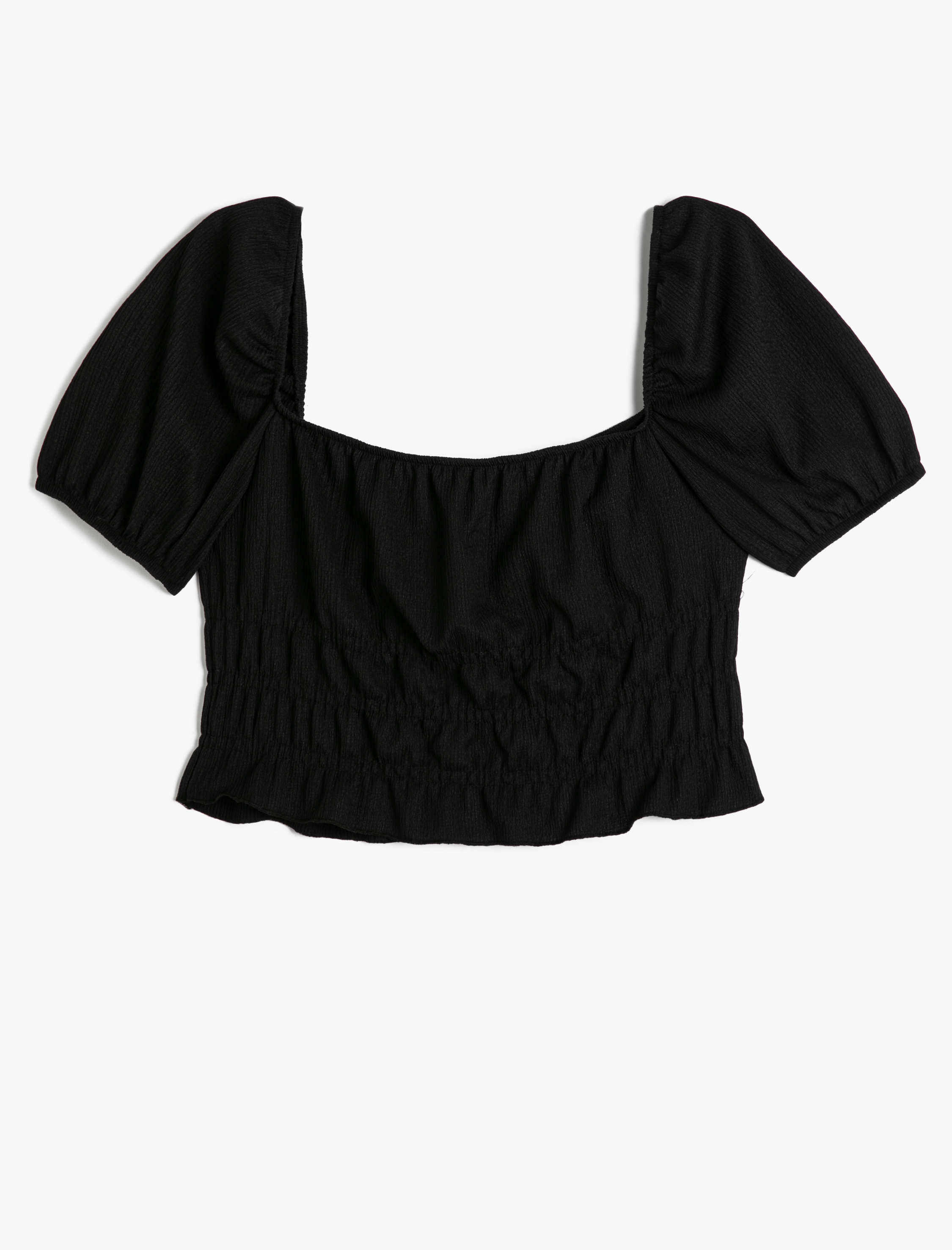   Balon Kollu Tişört Kare Yaka Fırfırlı Dokulu