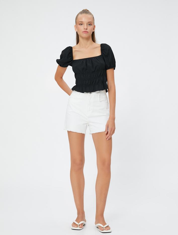  Balon Kollu Tişört Kare Yaka Fırfırlı Dokulu