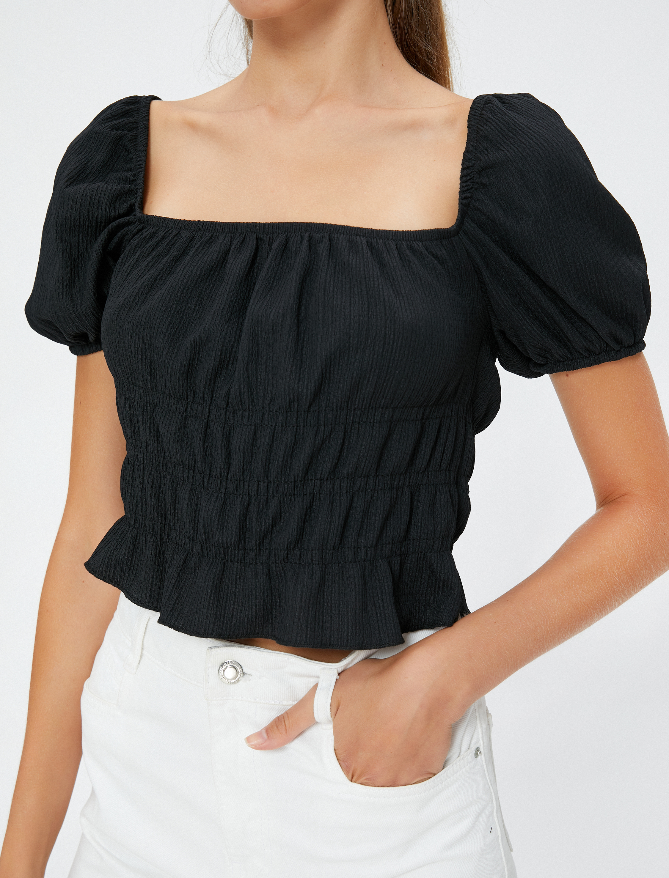   Balon Kollu Tişört Kare Yaka Fırfırlı Dokulu