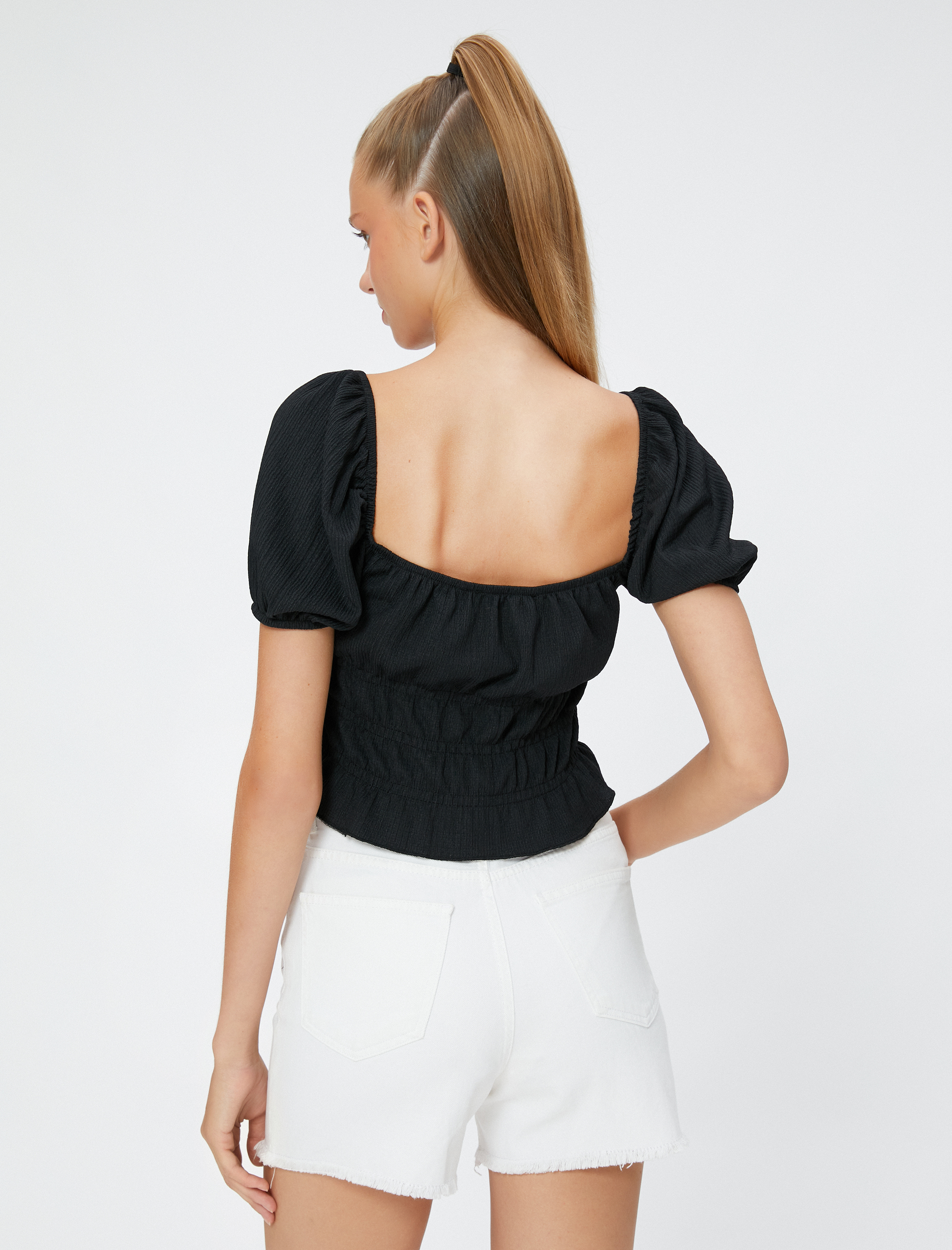   Balon Kollu Tişört Kare Yaka Fırfırlı Dokulu