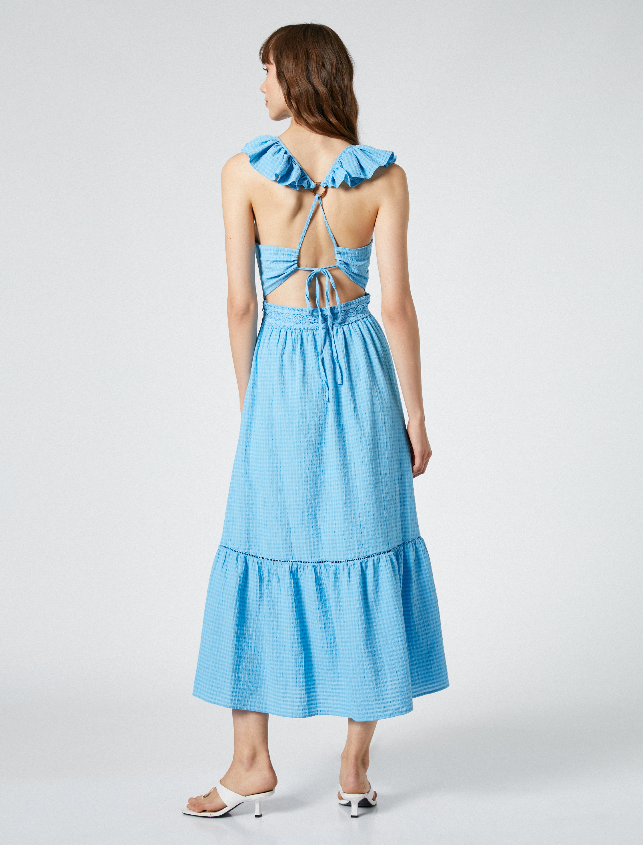   Fırfırlı Elbise Askılı Sırt Detaylı Volanlı Viskon Karışımlı