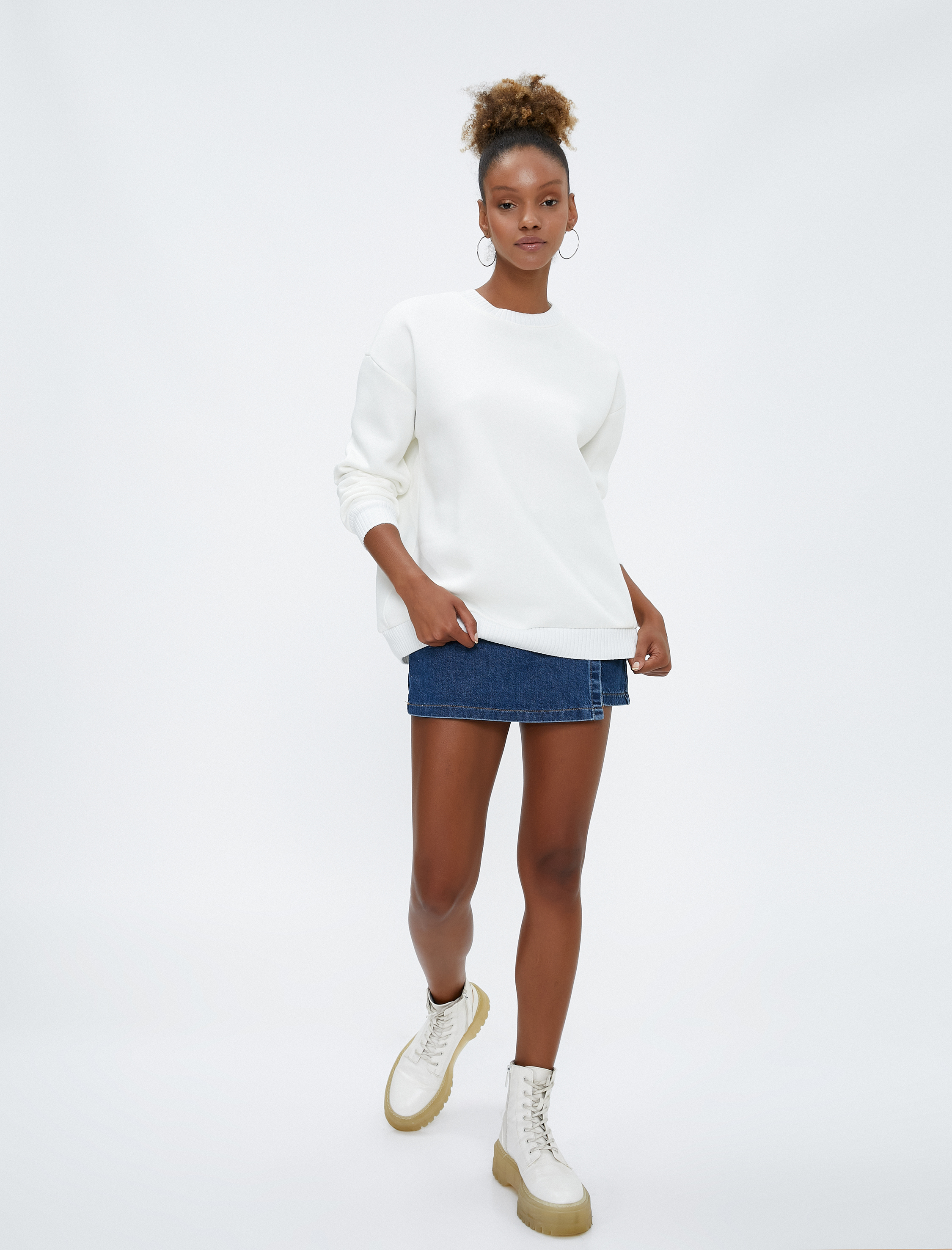   Şardonlu Basic Sweatshirt Bisiklet Yaka Uzun Kollu