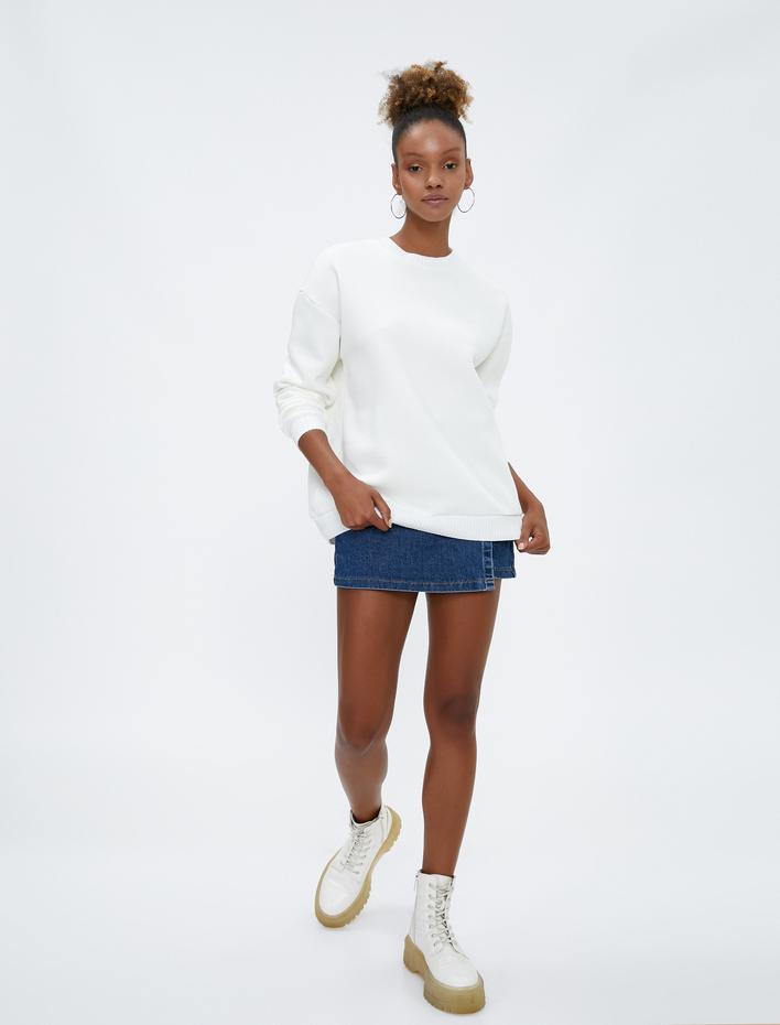  Şardonlu Basic Sweatshirt Bisiklet Yaka Uzun Kollu