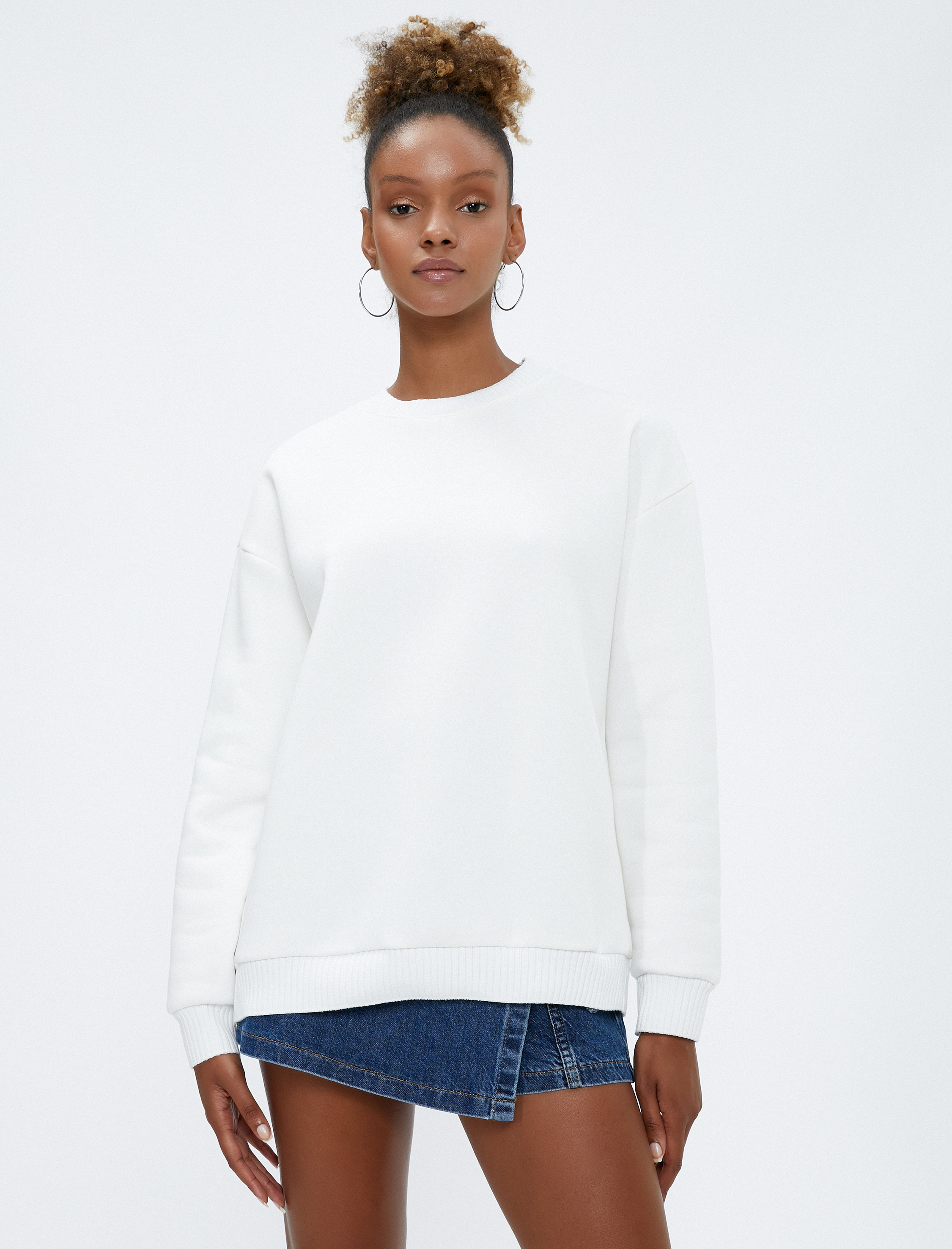   Şardonlu Basic Sweatshirt Bisiklet Yaka Uzun Kollu