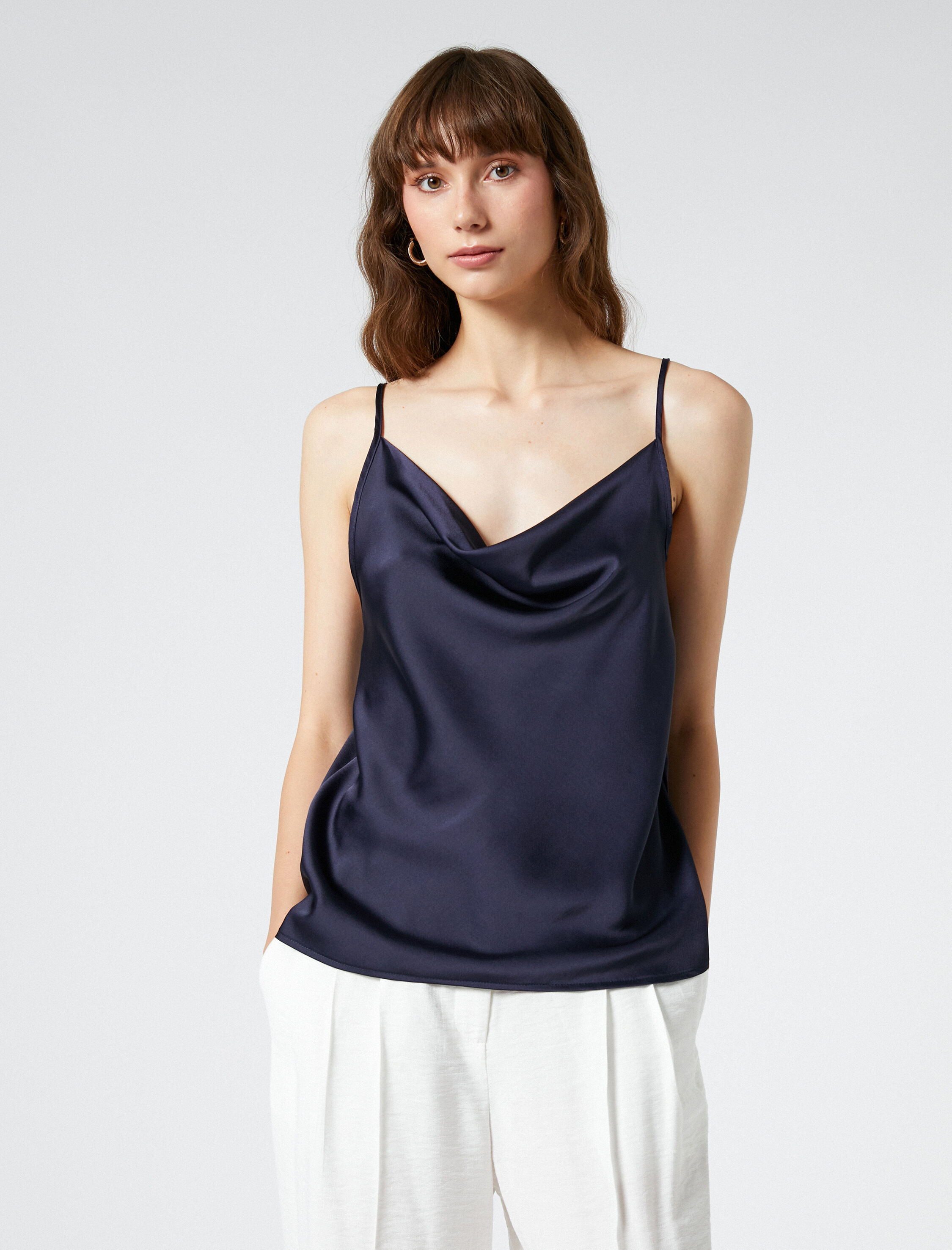   Abiye Saten Bluz İnce Askılı Degaje Yaka