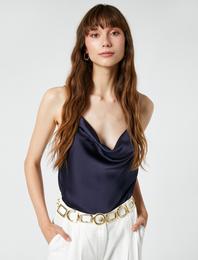 Abiye Saten Bluz İnce Askılı Degaje Yaka