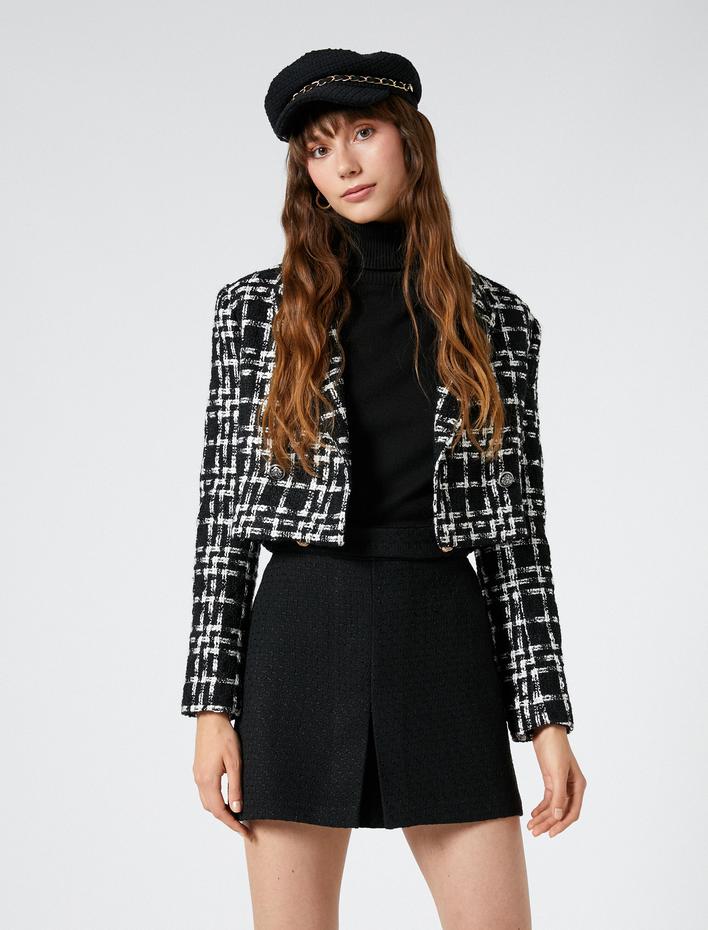  Tüvit Mini Etek Gold Düğme Detaylı Pliseli