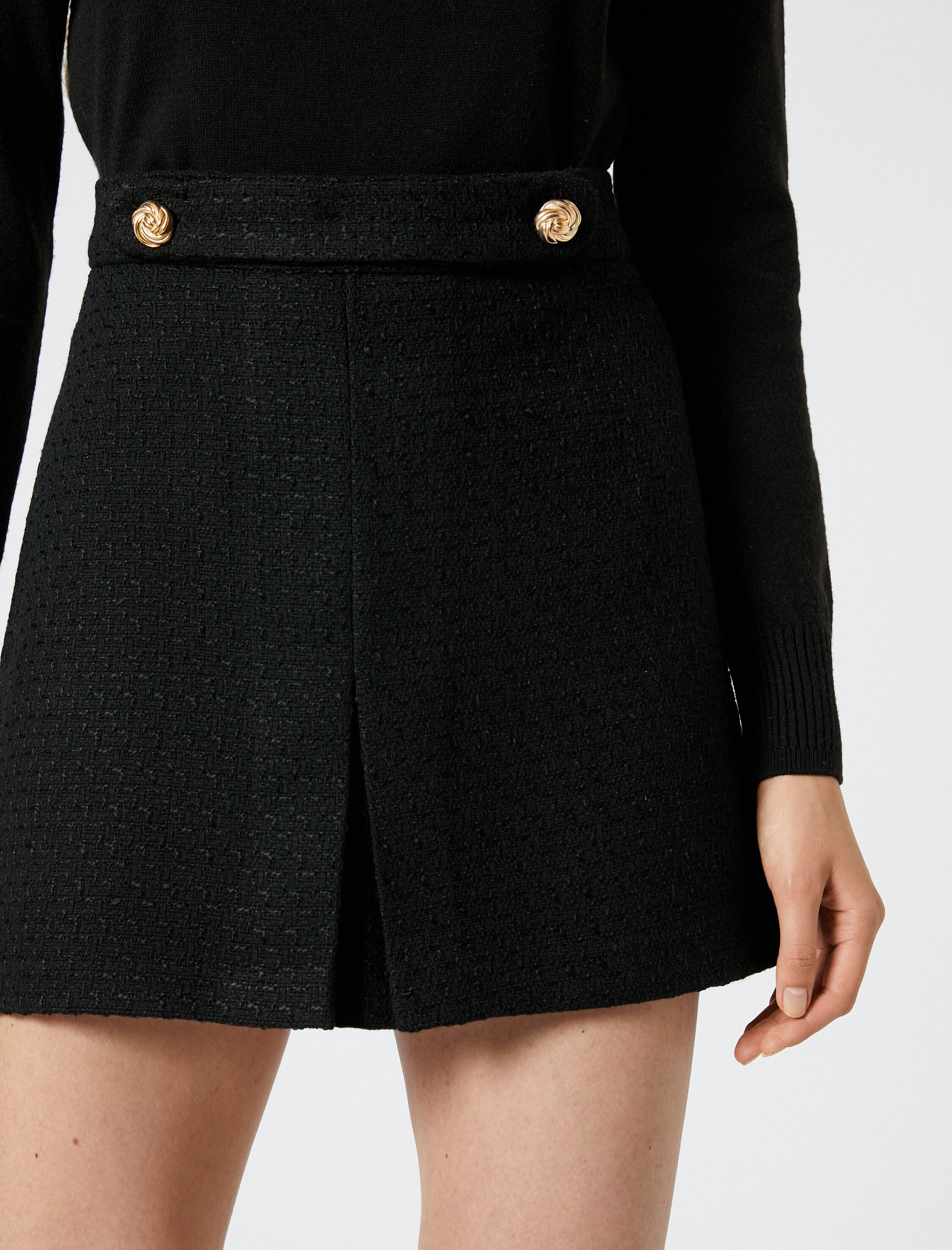   Tüvit Mini Etek Gold Düğme Detaylı Pliseli