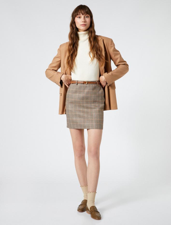  Mini Etek Kemer Detaylı Cepli Viskon Karışımlı