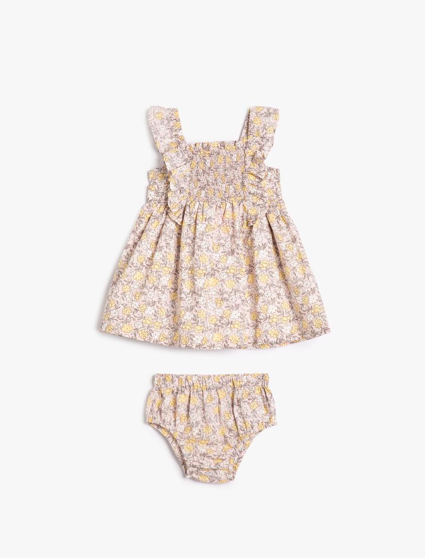  Kız Bebek Elbise Çiçekli Kalın Askılı Fırfırlı Uyumlu Külot Detaylı 2'li