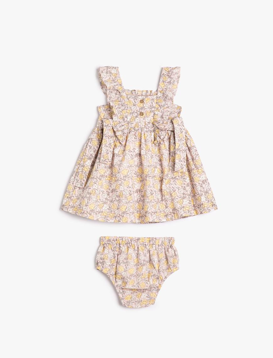  Kız Bebek Elbise Çiçekli Kalın Askılı Fırfırlı Uyumlu Külot Detaylı 2'li